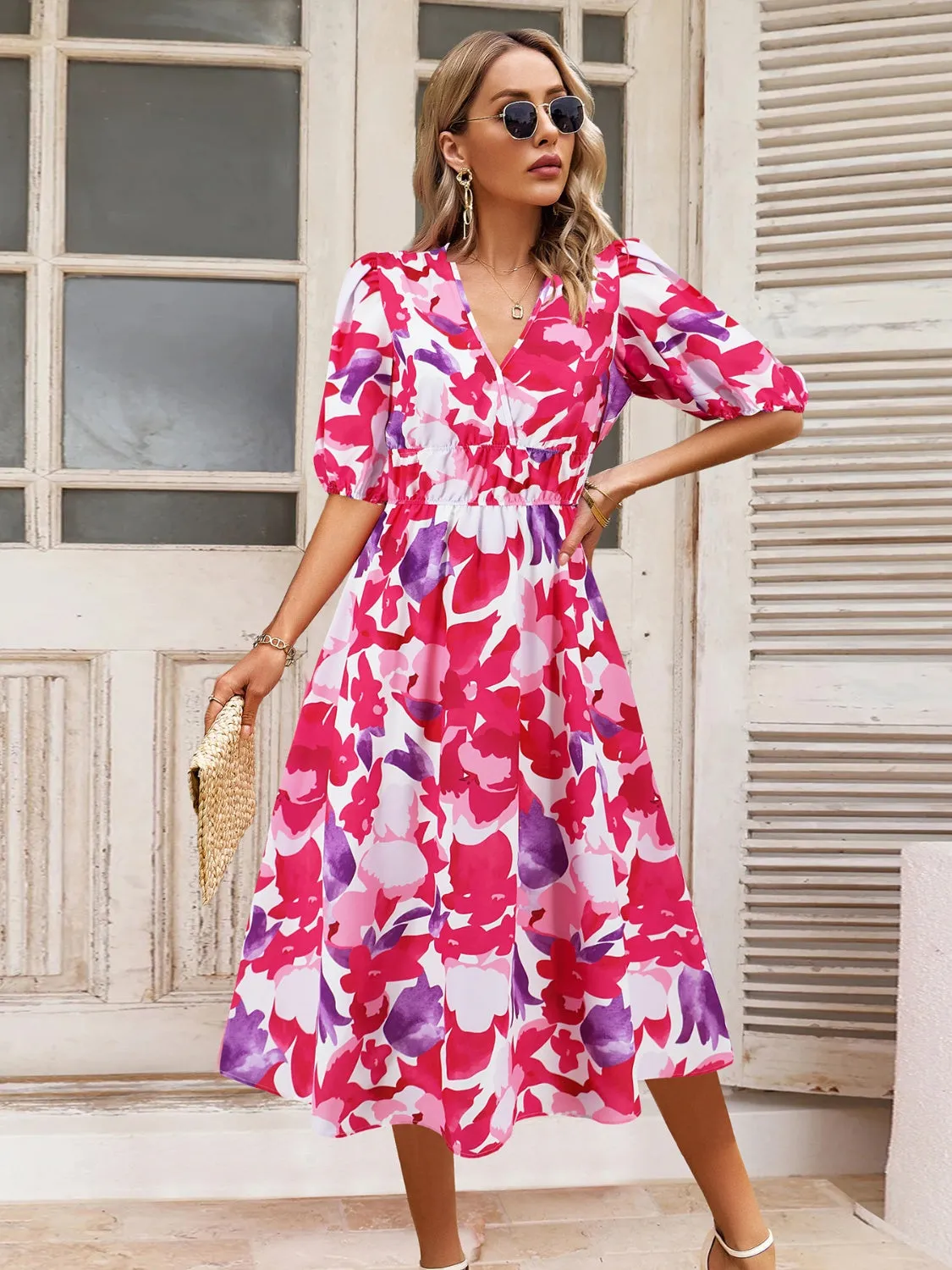 🌸 Ruched Printed Surplice Short Sleeve Dress 🌸