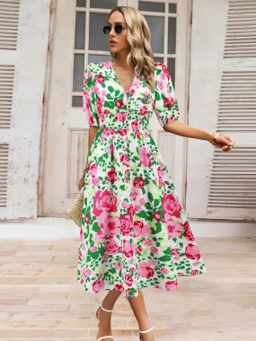 🌸 Ruched Printed Surplice Short Sleeve Dress 🌸