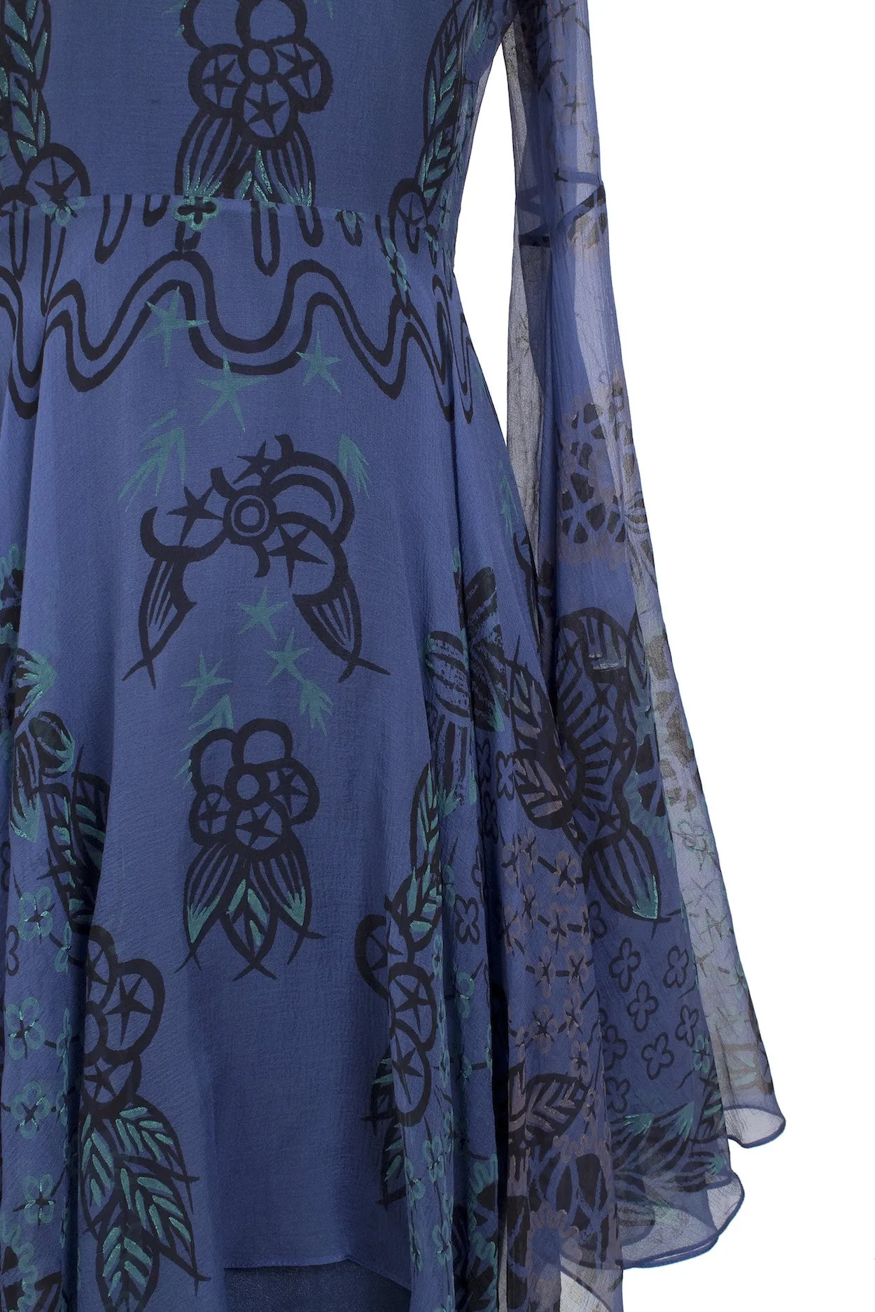 1970s Blue Silk Floral Print Peasant Dress