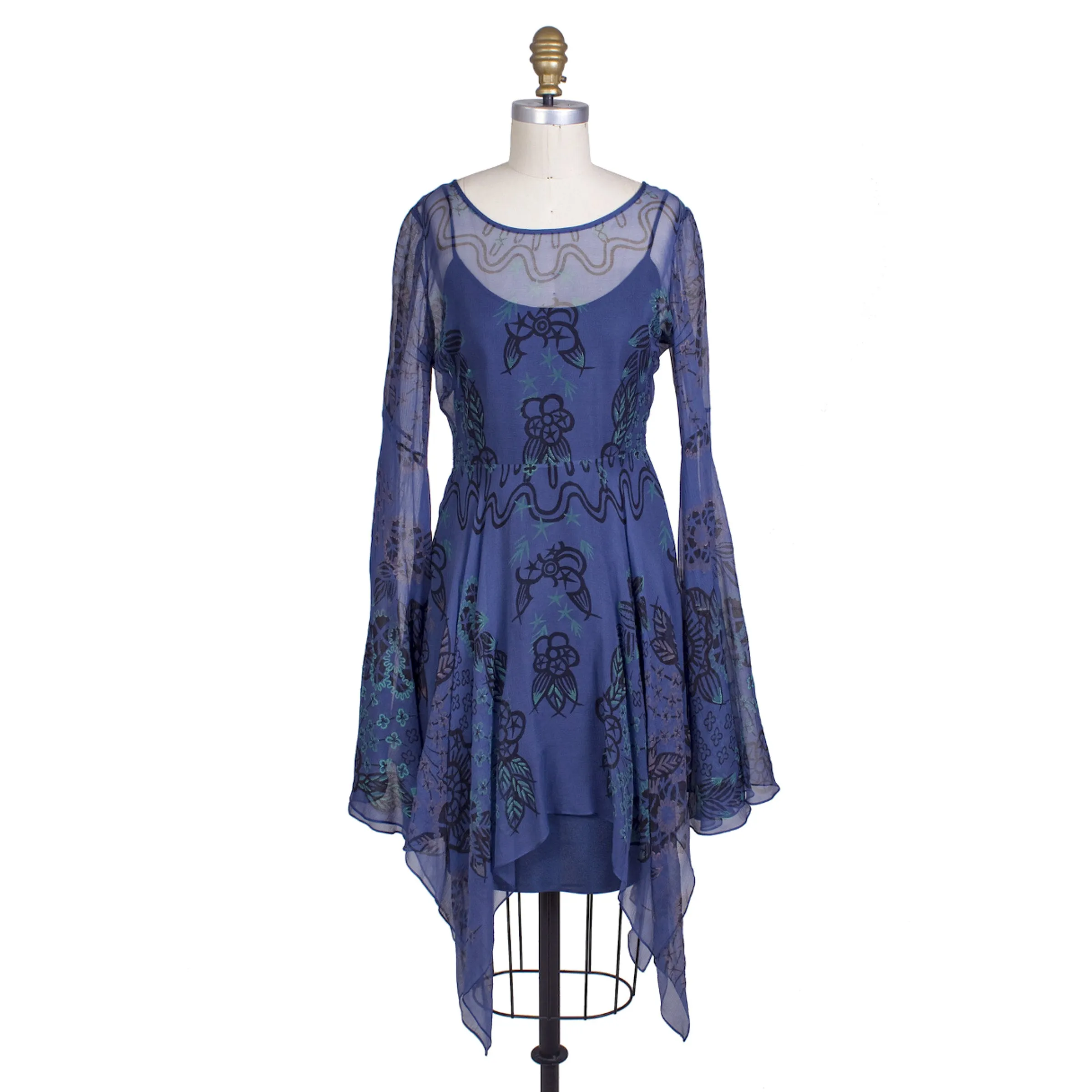 1970s Blue Silk Floral Print Peasant Dress