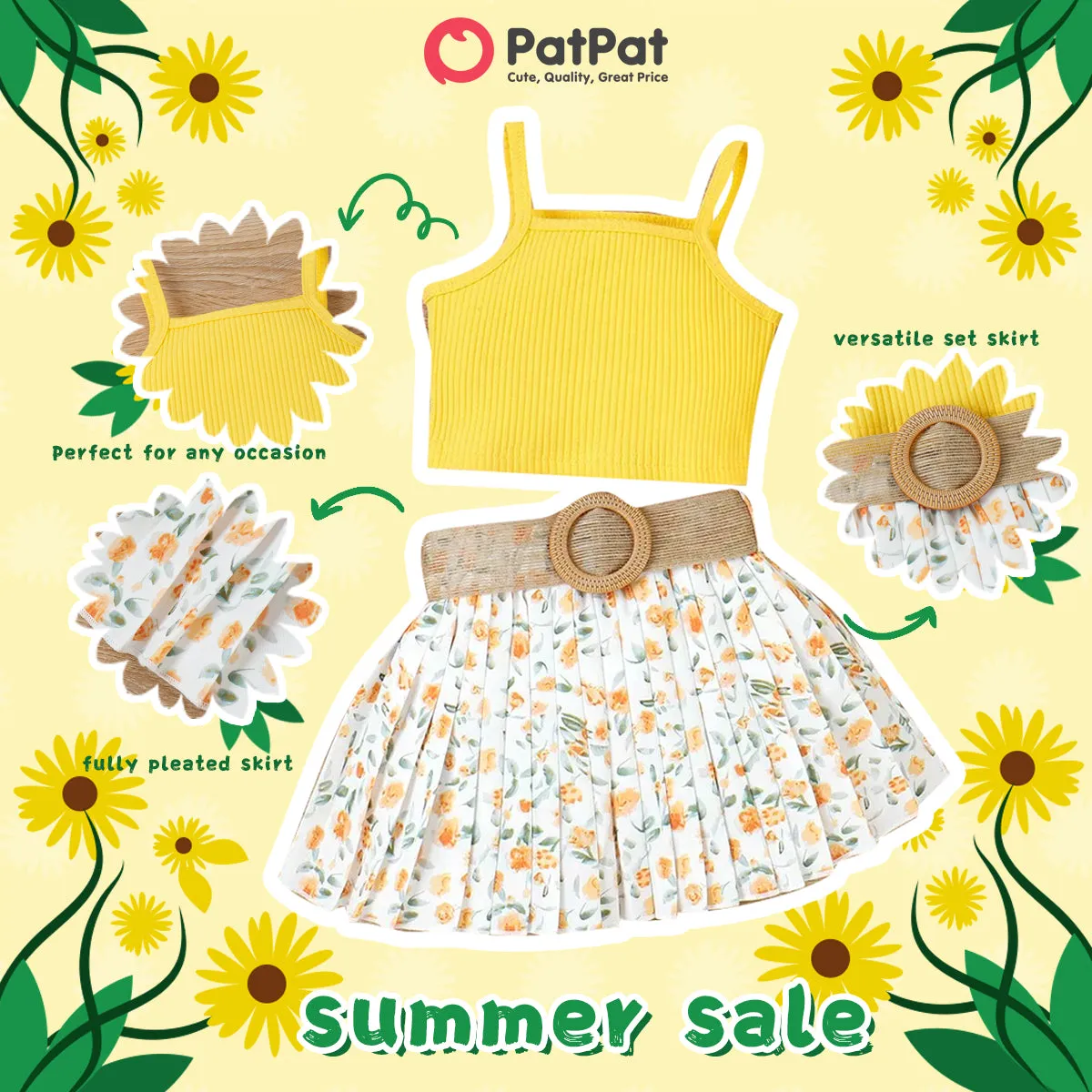 3pcs Toddler Girl Sweet Ribbed Crop Camisole and Floral Print Pleated Skirt & Belt Set