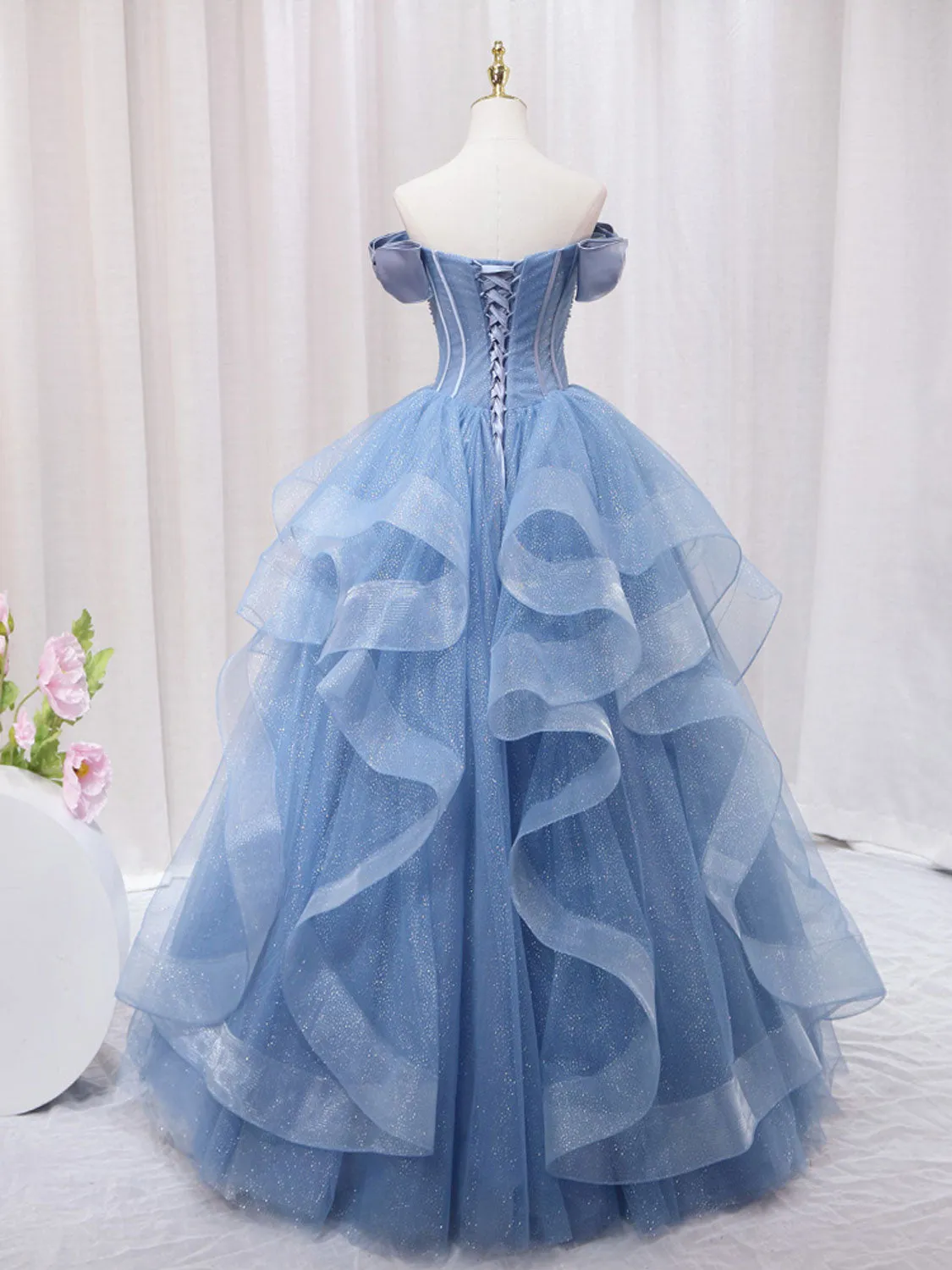 A-Line Blue Tulle Long Prom Dress, Blue Sweet 16 Dress