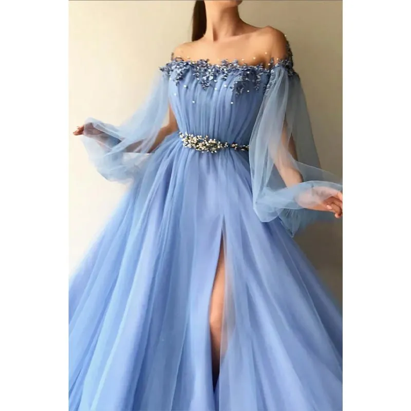 A-line Illusion Neckline Long Sleeves Tulle Appliques Long Evening Dress with Slit