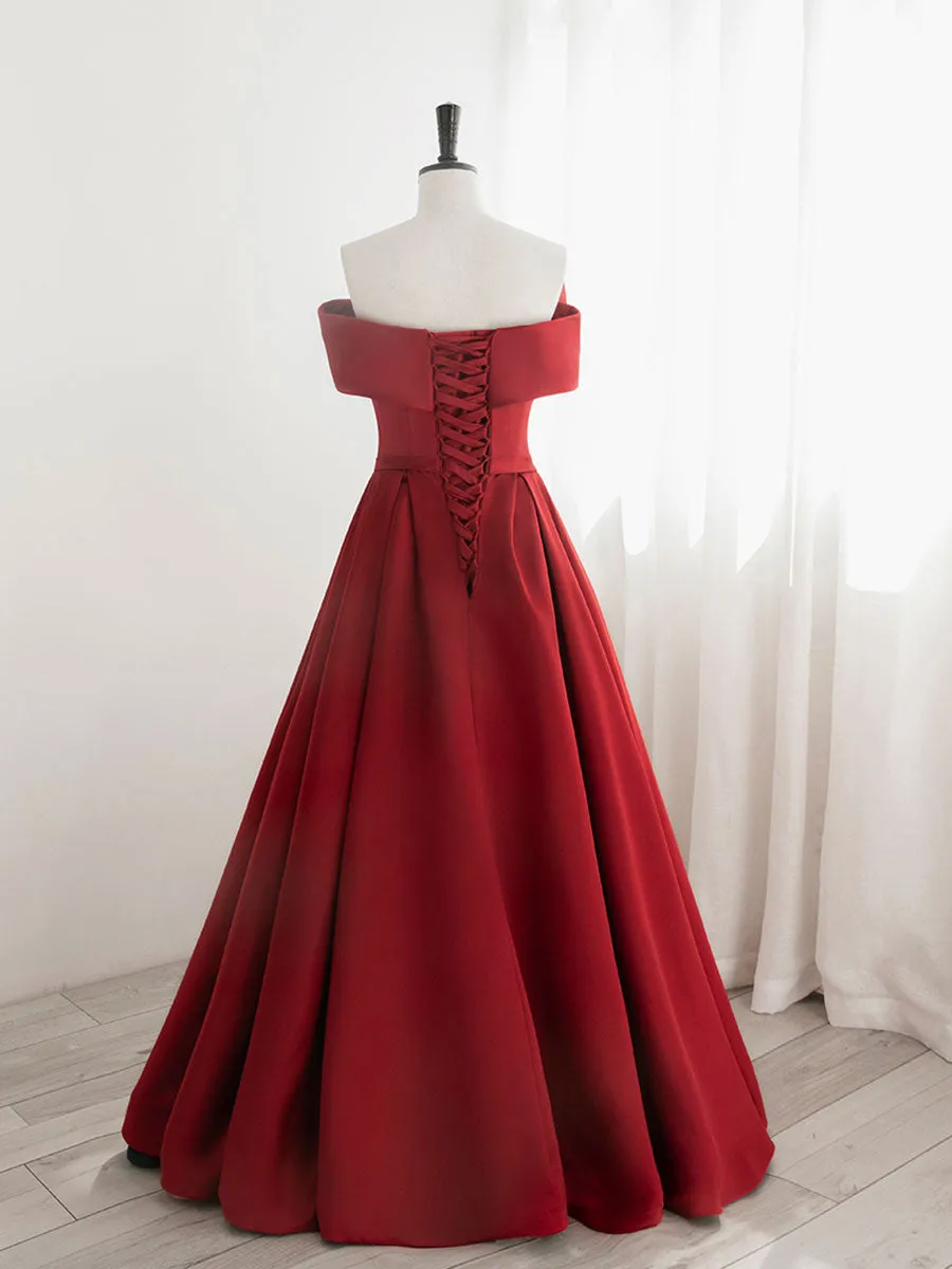 A-Line Satin Red Long Prom Dresses, Red Long Formal Dresses