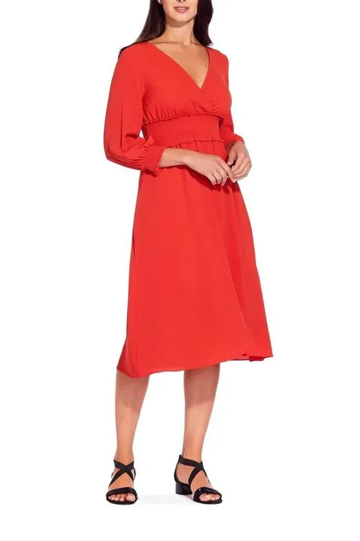 Adrianna Papell V-Neck Long Sleeve Ruched Flutter Solid Polyester Dress