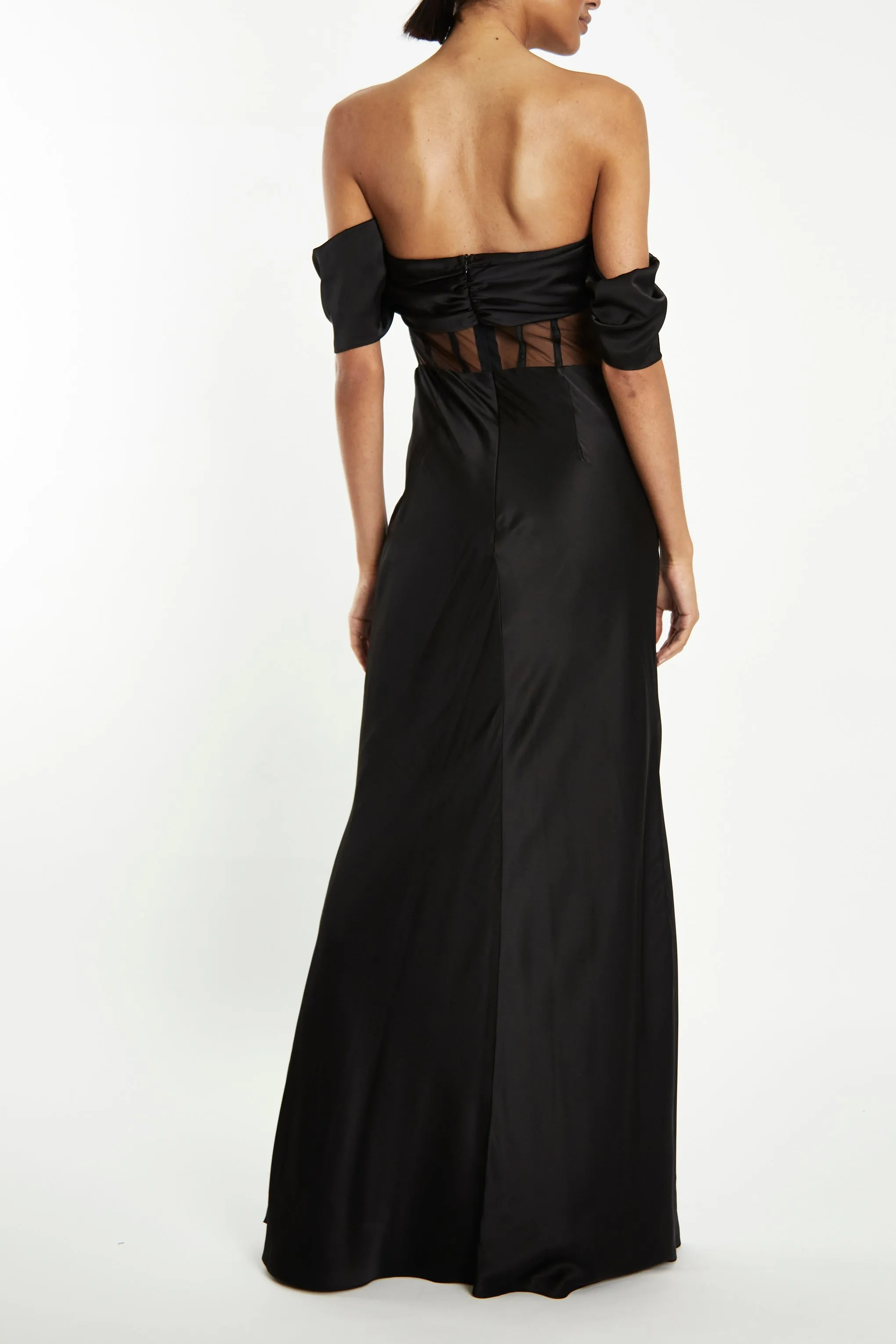 Agnes Black Satin Corset Sheer Maxi-Dress