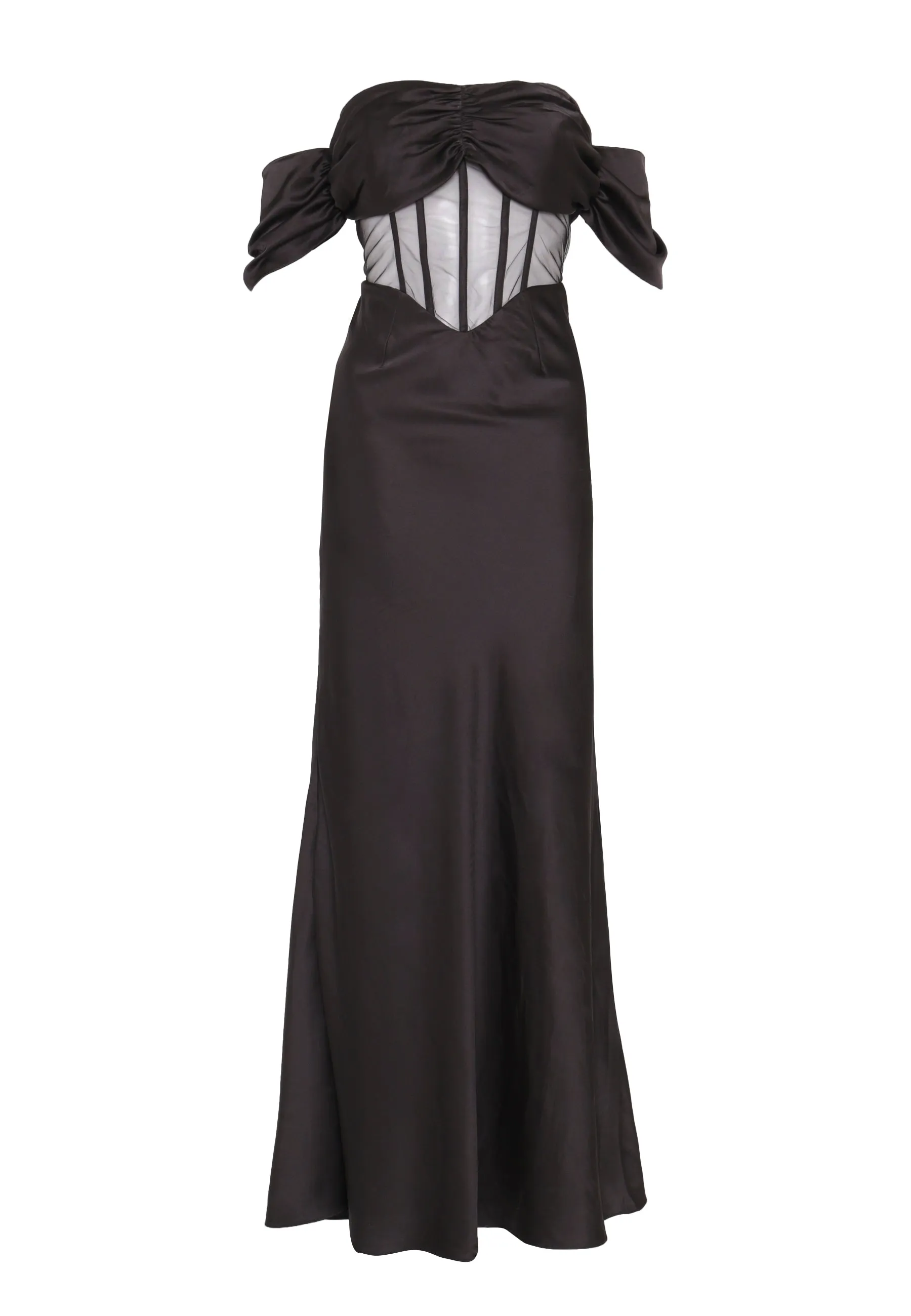 Agnes Black Satin Corset Sheer Maxi-Dress