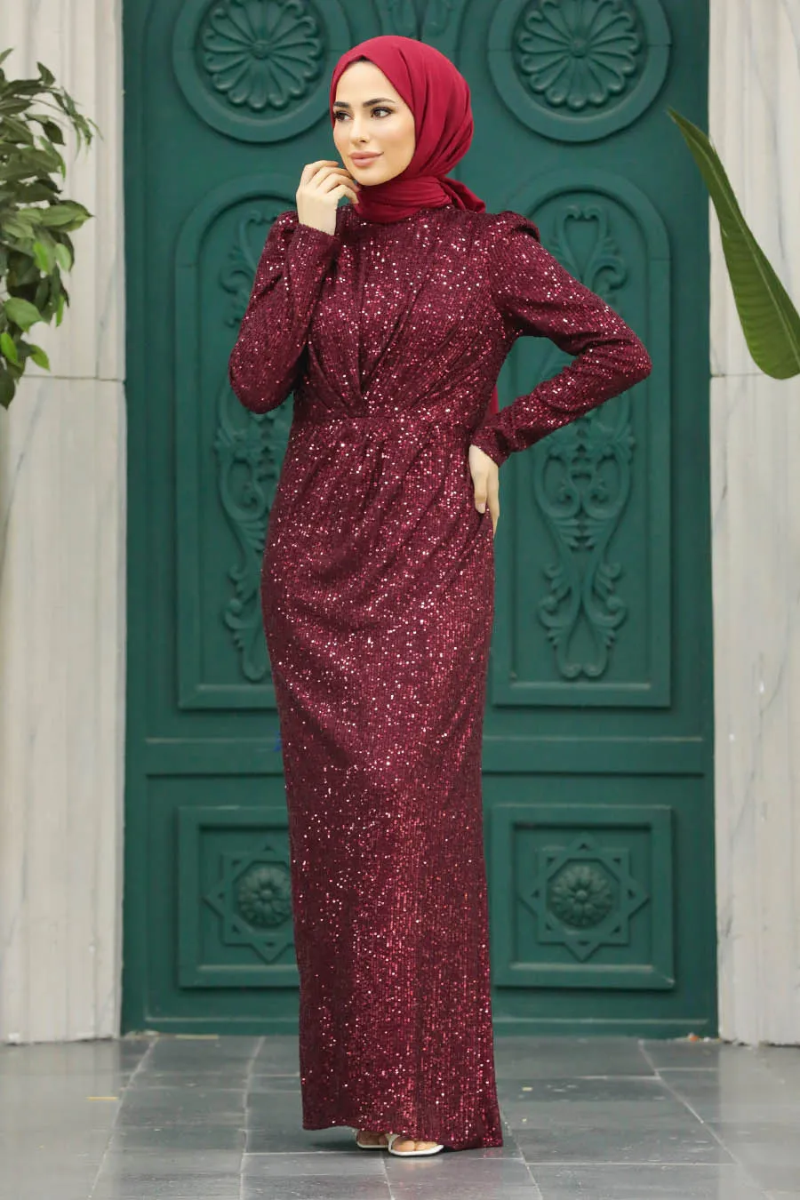 Al Mala All Glitter Finish Long Maxi Evening Gown With Long Sleeve