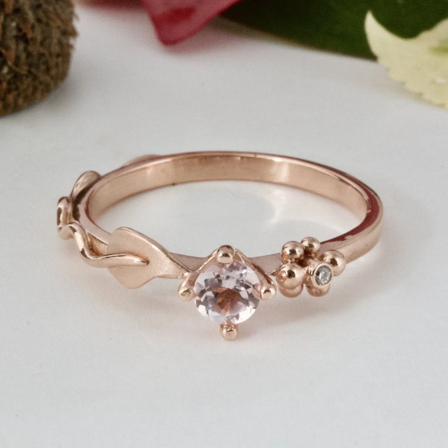 Ariel Leaf Engagement Ring, Rose Gold, Morganite and Diamond Leaf and Berry Engagement Ring, Nature Inspired Leaf Ring