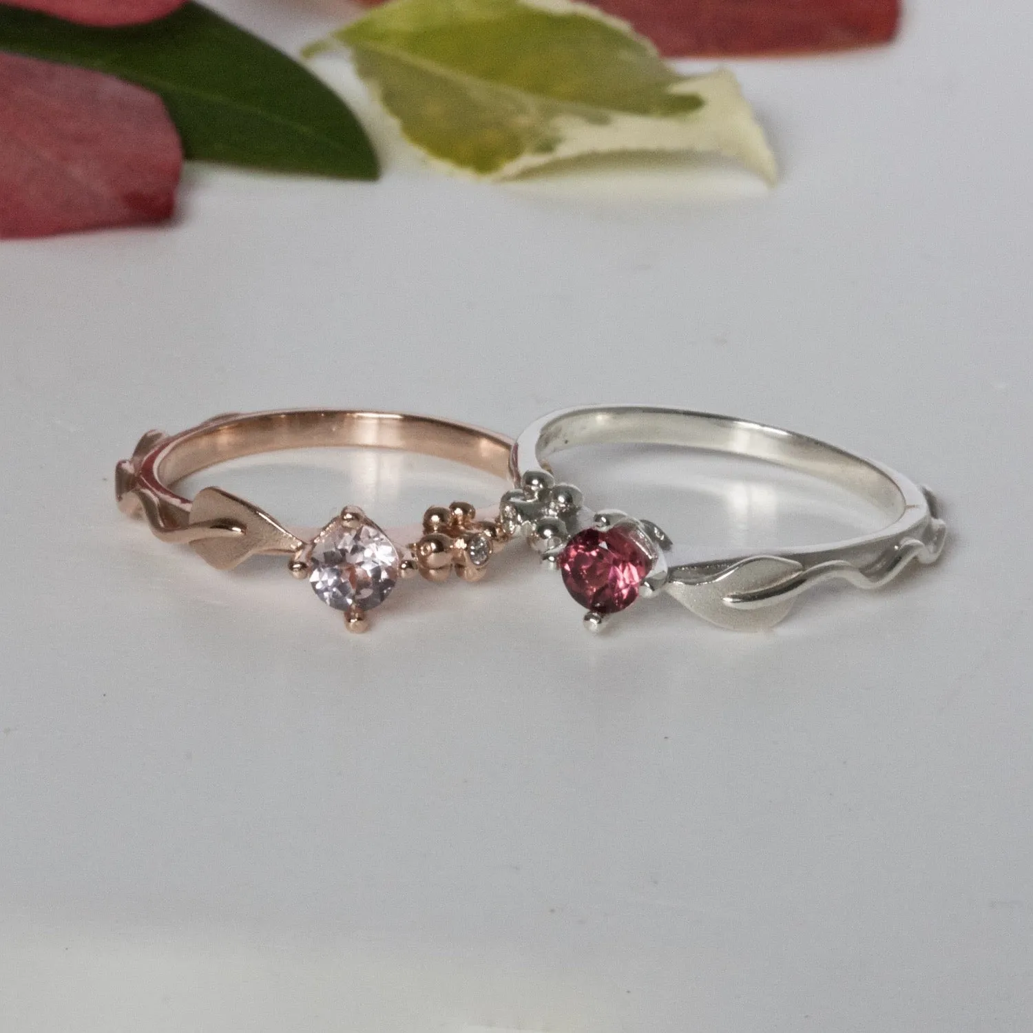 Ariel Leaf Engagement Ring, Rose Gold, Morganite and Diamond Leaf and Berry Engagement Ring, Nature Inspired Leaf Ring