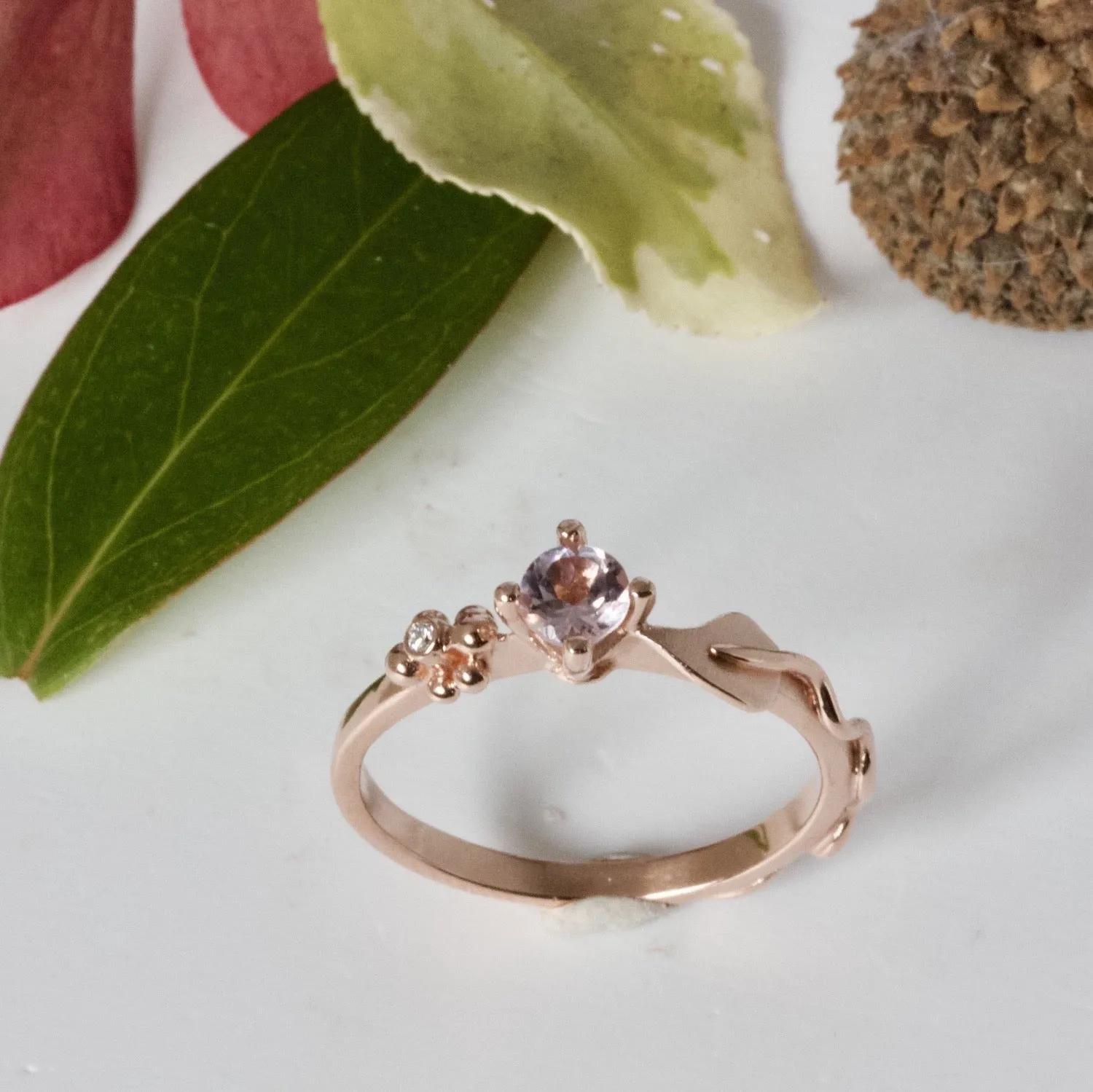 Ariel Leaf Engagement Ring, Rose Gold, Morganite and Diamond Leaf and Berry Engagement Ring, Nature Inspired Leaf Ring