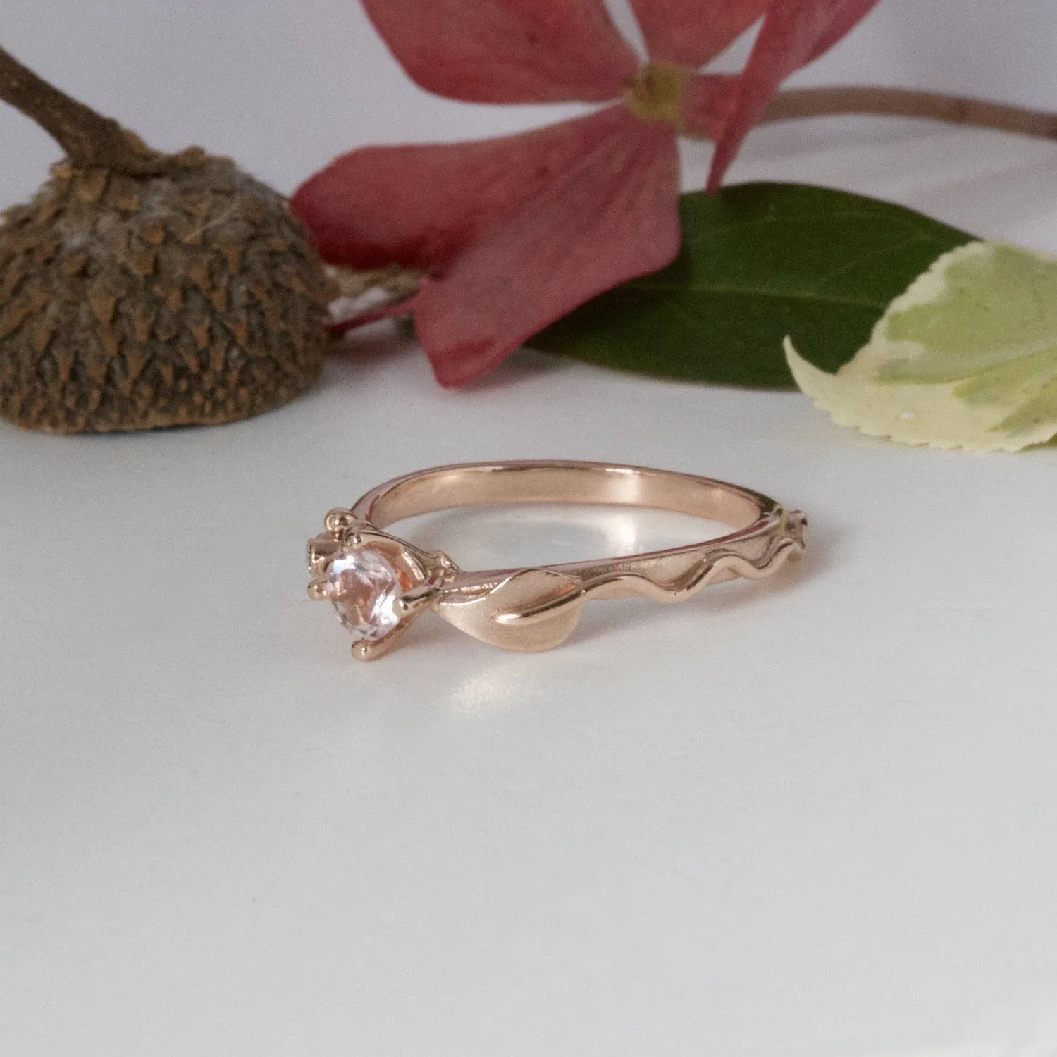 Ariel Leaf Engagement Ring, Rose Gold, Morganite and Diamond Leaf and Berry Engagement Ring, Nature Inspired Leaf Ring