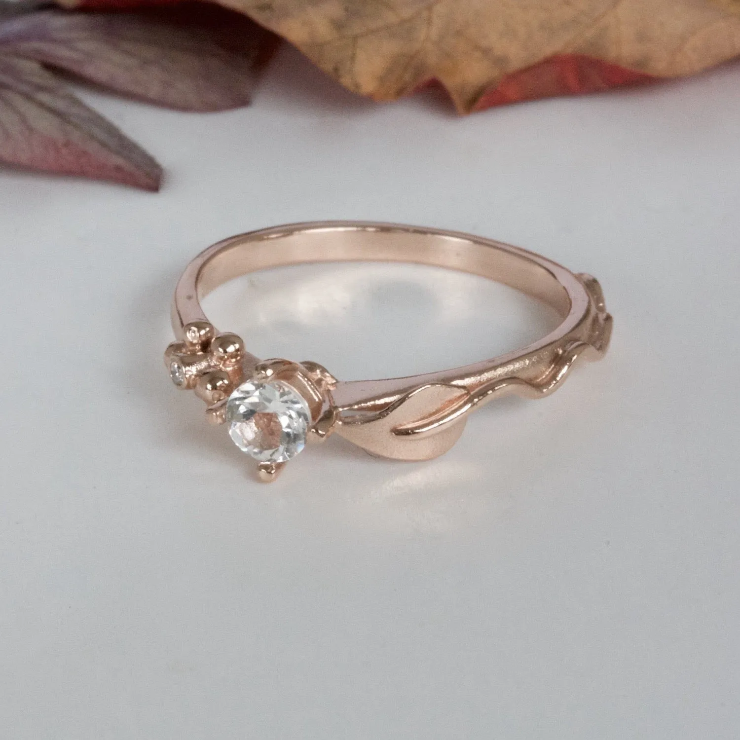 Ariel Leaf Engagement Ring, Rose Gold, Morganite and Diamond Leaf and Berry Engagement Ring, Nature Inspired Leaf Ring