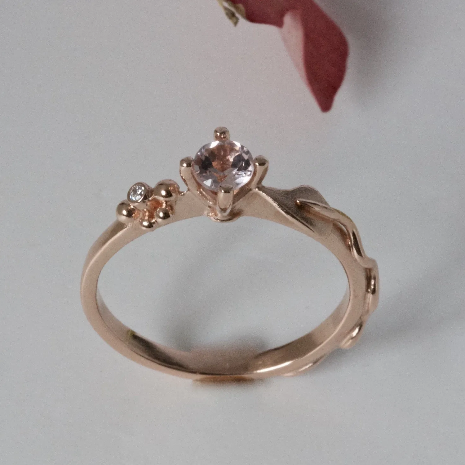 Ariel Leaf Engagement Ring, Rose Gold, Morganite and Diamond Leaf and Berry Engagement Ring, Nature Inspired Leaf Ring