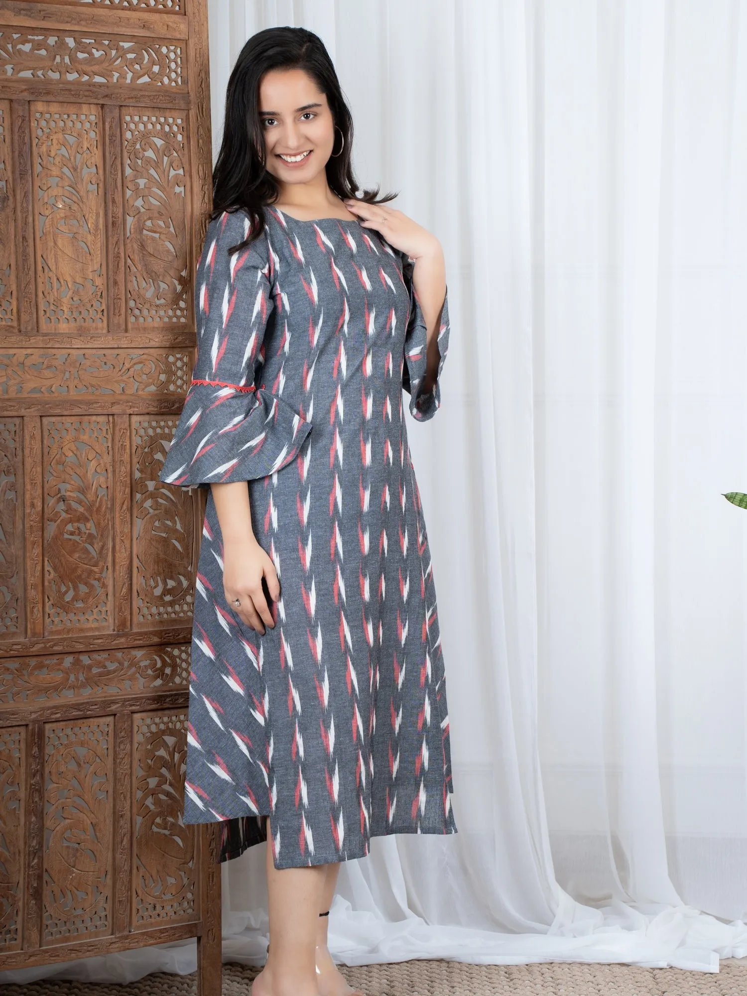 Arshia Grey Ikkat Cotton Midi Dress