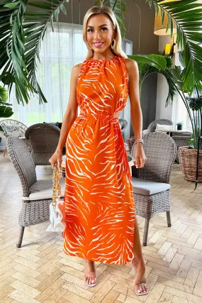 AX PARIS BLOOD ORANGE PRINTED CUT OUT MIDI DRESS