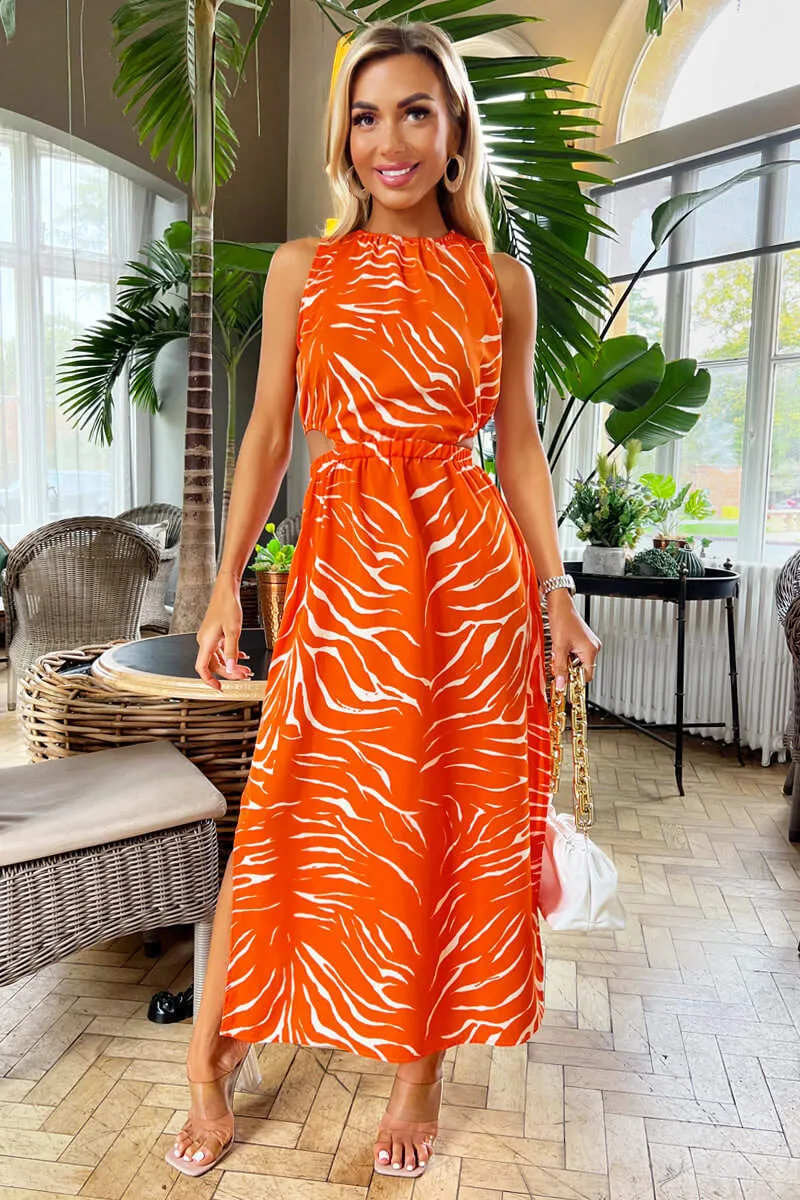 AX PARIS BLOOD ORANGE PRINTED CUT OUT MIDI DRESS