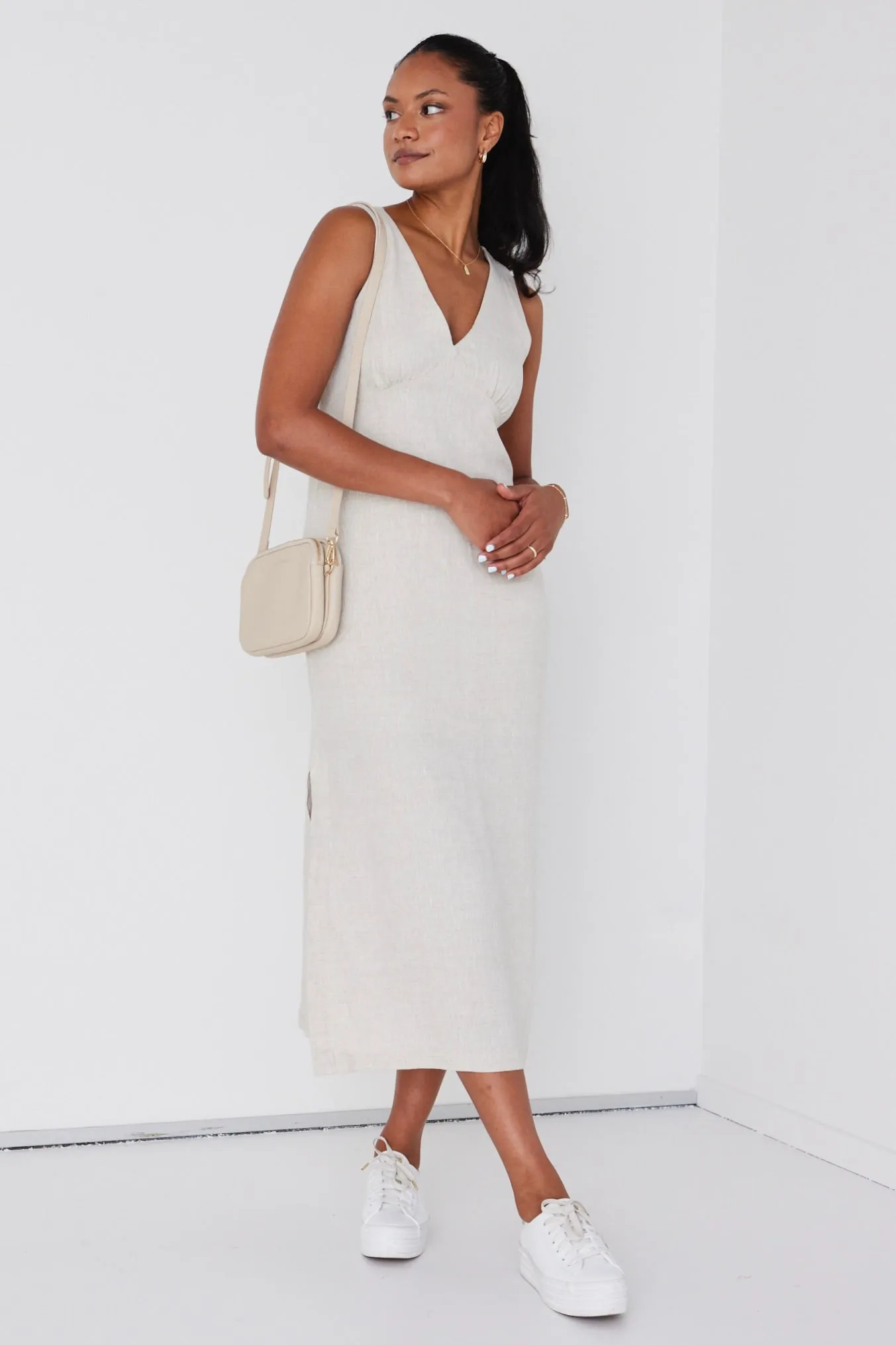 Azalea Natural Linen Sleeveless Empire Midi Dress