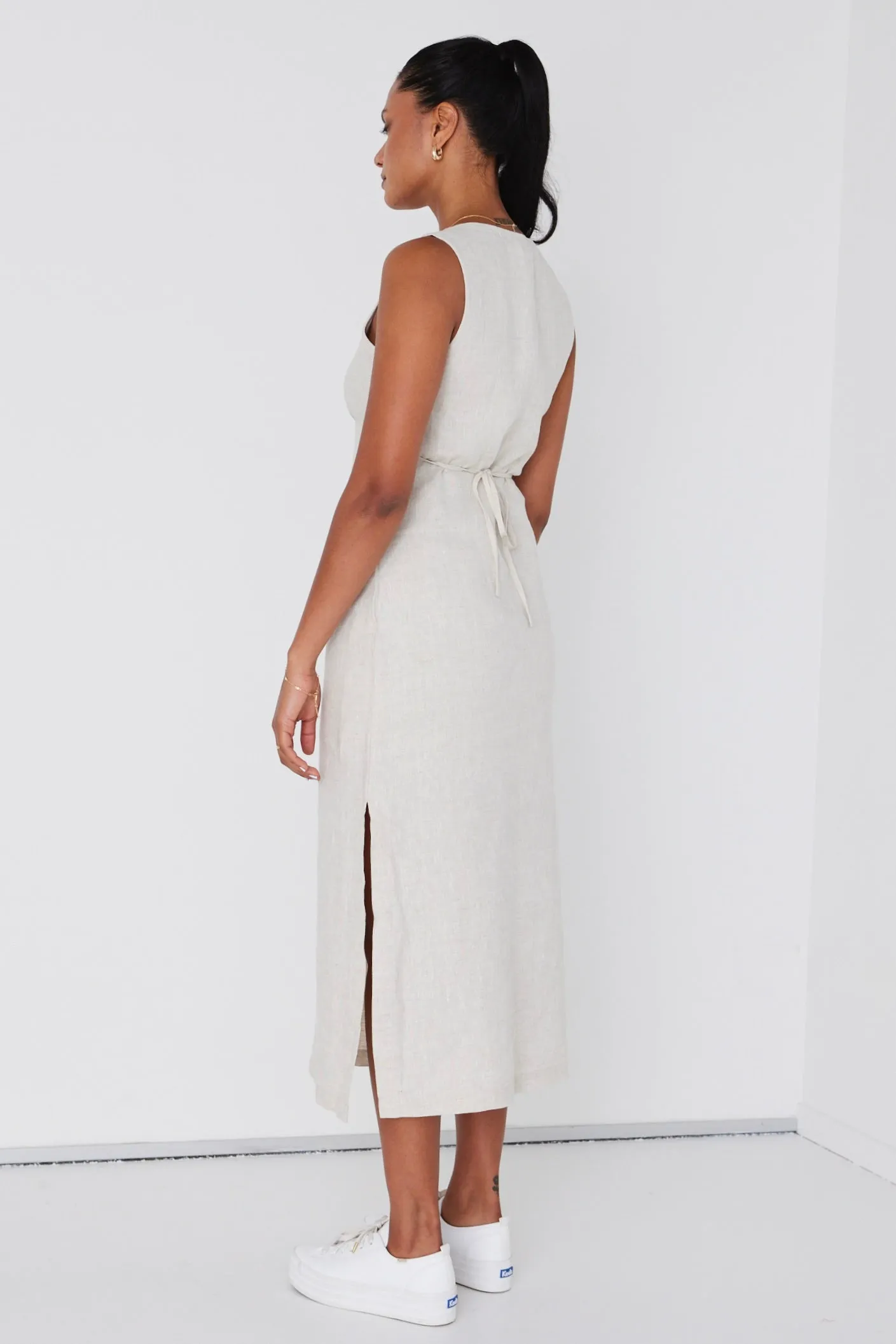 Azalea Natural Linen Sleeveless Empire Midi Dress