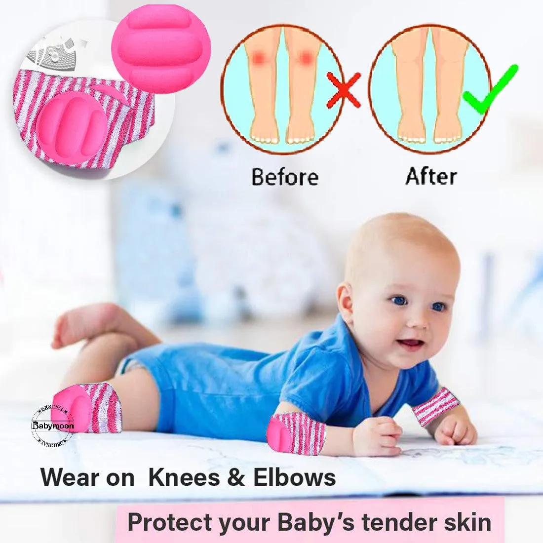 Babymoon Kids Padded Knee Pads for Crawling, Anti-Slip Stretchable Cotton - Pink