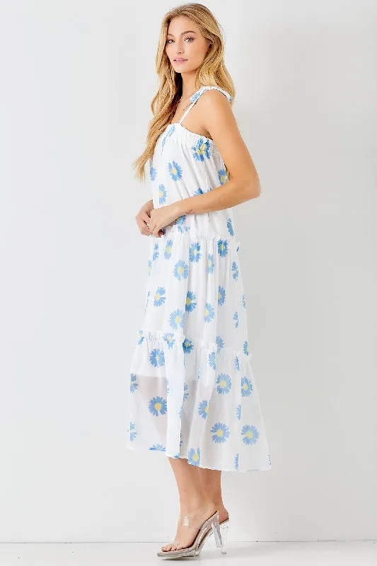 Baevely Blue Flower Midi Dress with Tie Straps