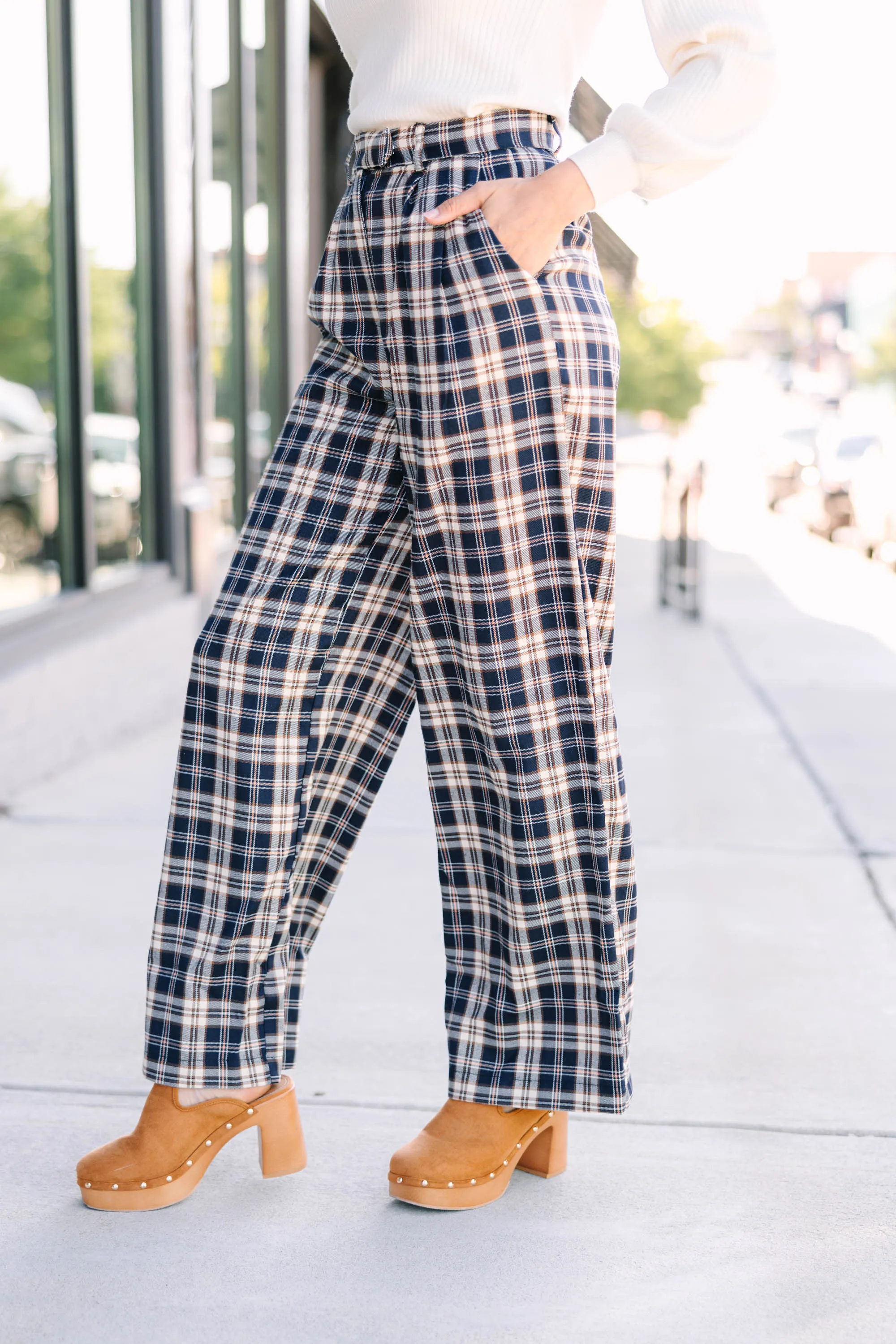 Be Direct Navy Blue Plaid Wide Leg Pants