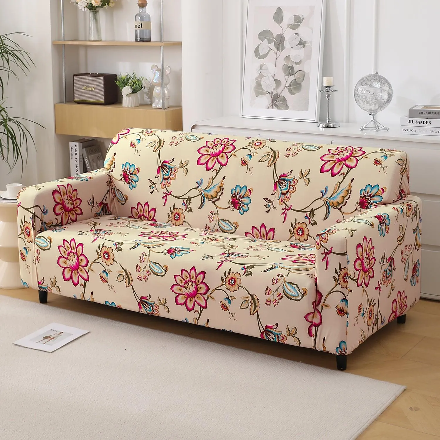 Beach Beige Dahlia Printed Elastic Sofa Cover | Stretchable & Full Fitted