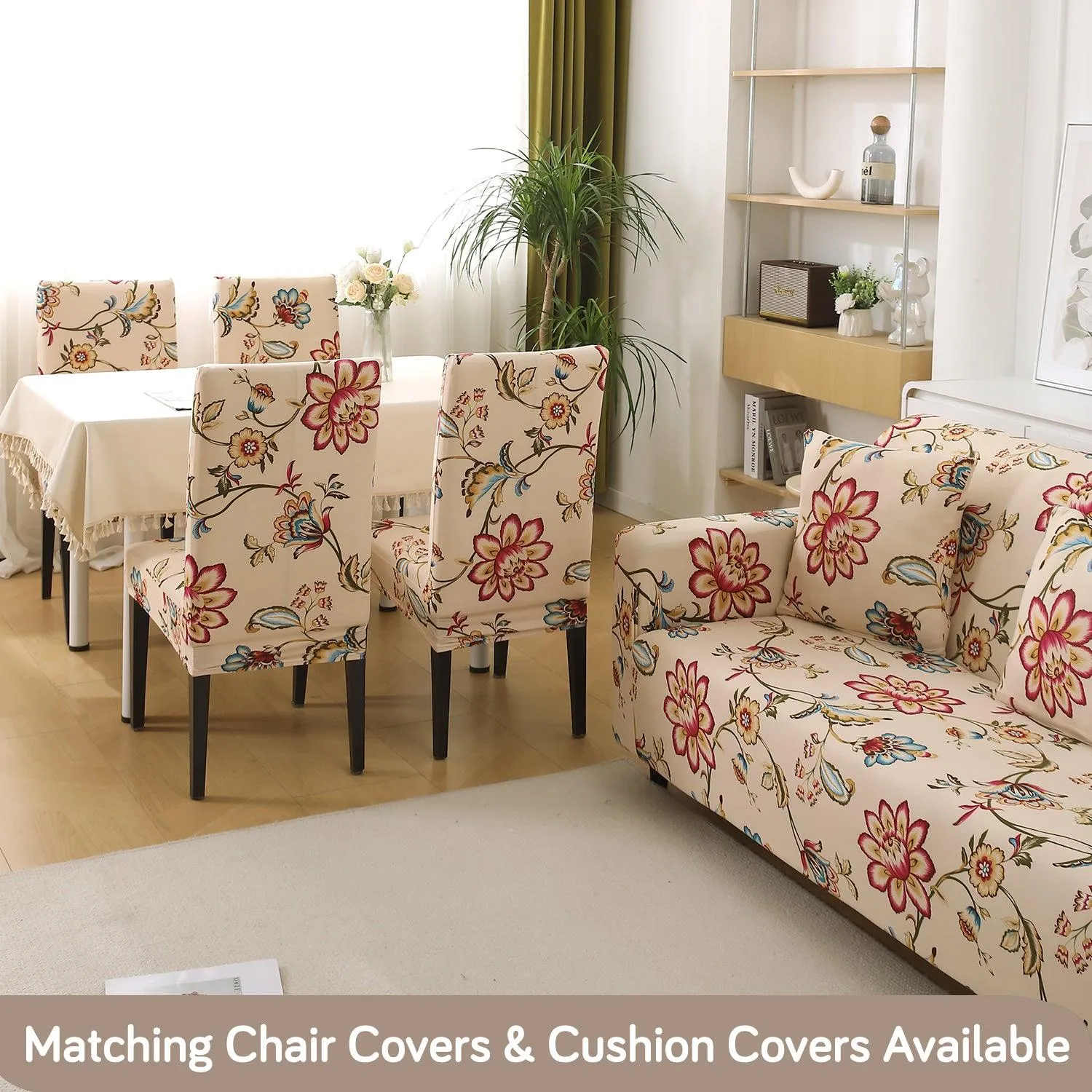 Beach Beige Dahlia Printed Elastic Sofa Cover | Stretchable & Full Fitted