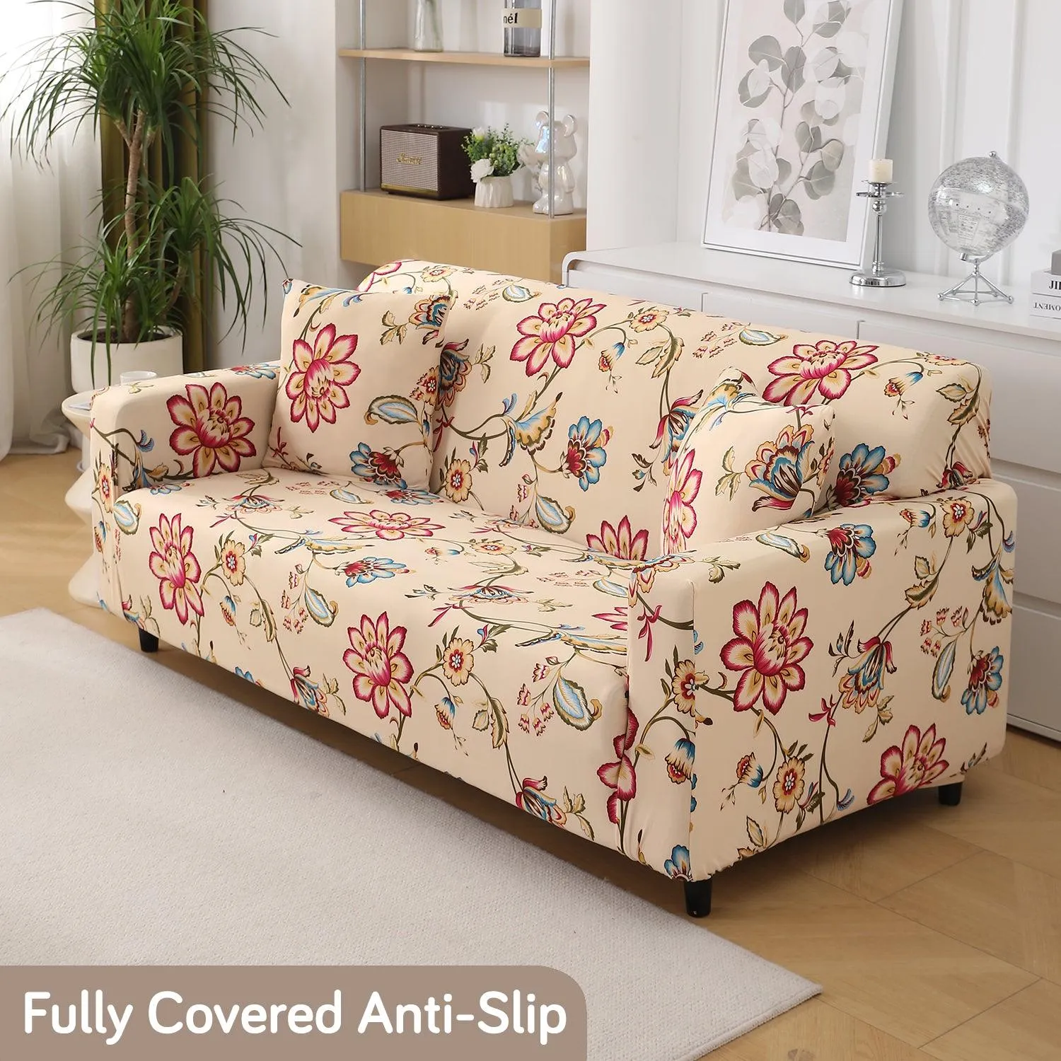 Beach Beige Dahlia Printed Elastic Sofa Cover | Stretchable & Full Fitted