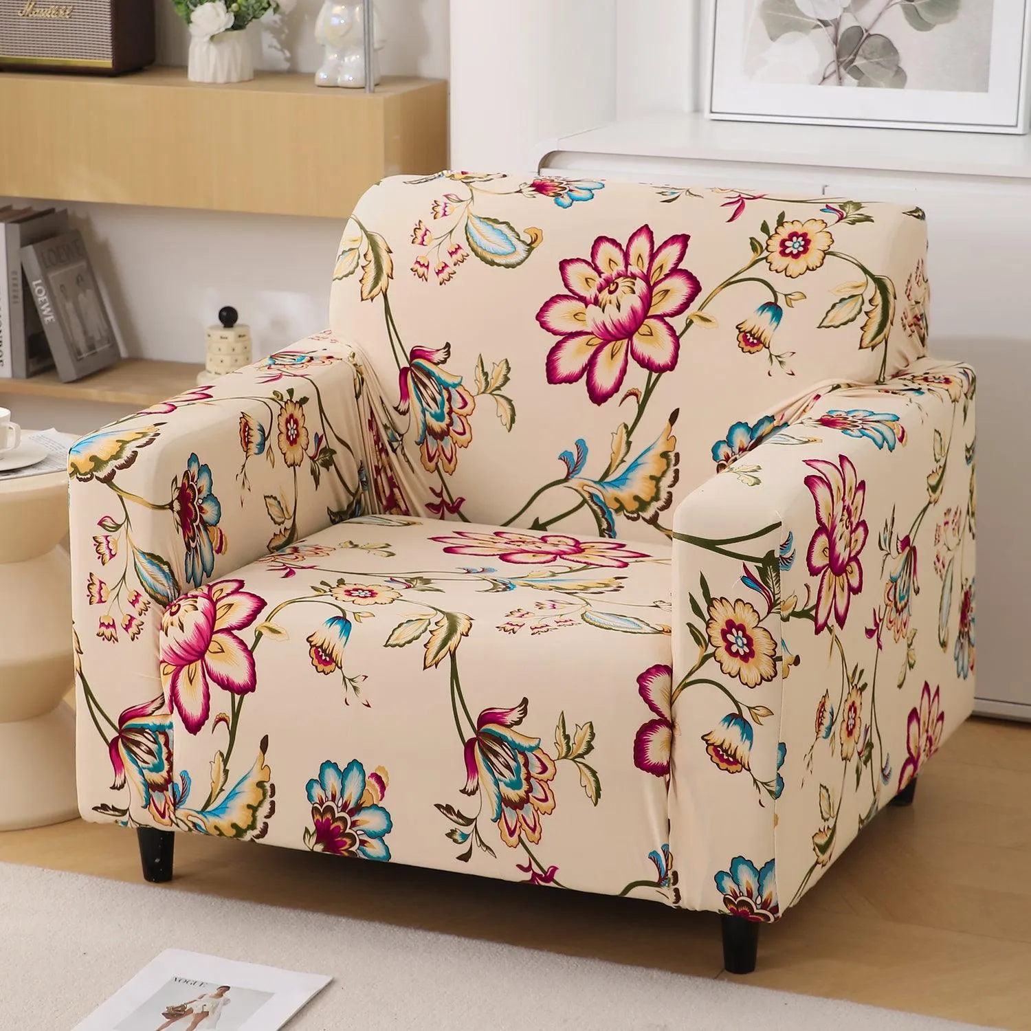 Beach Beige Dahlia Printed Elastic Sofa Cover | Stretchable & Full Fitted