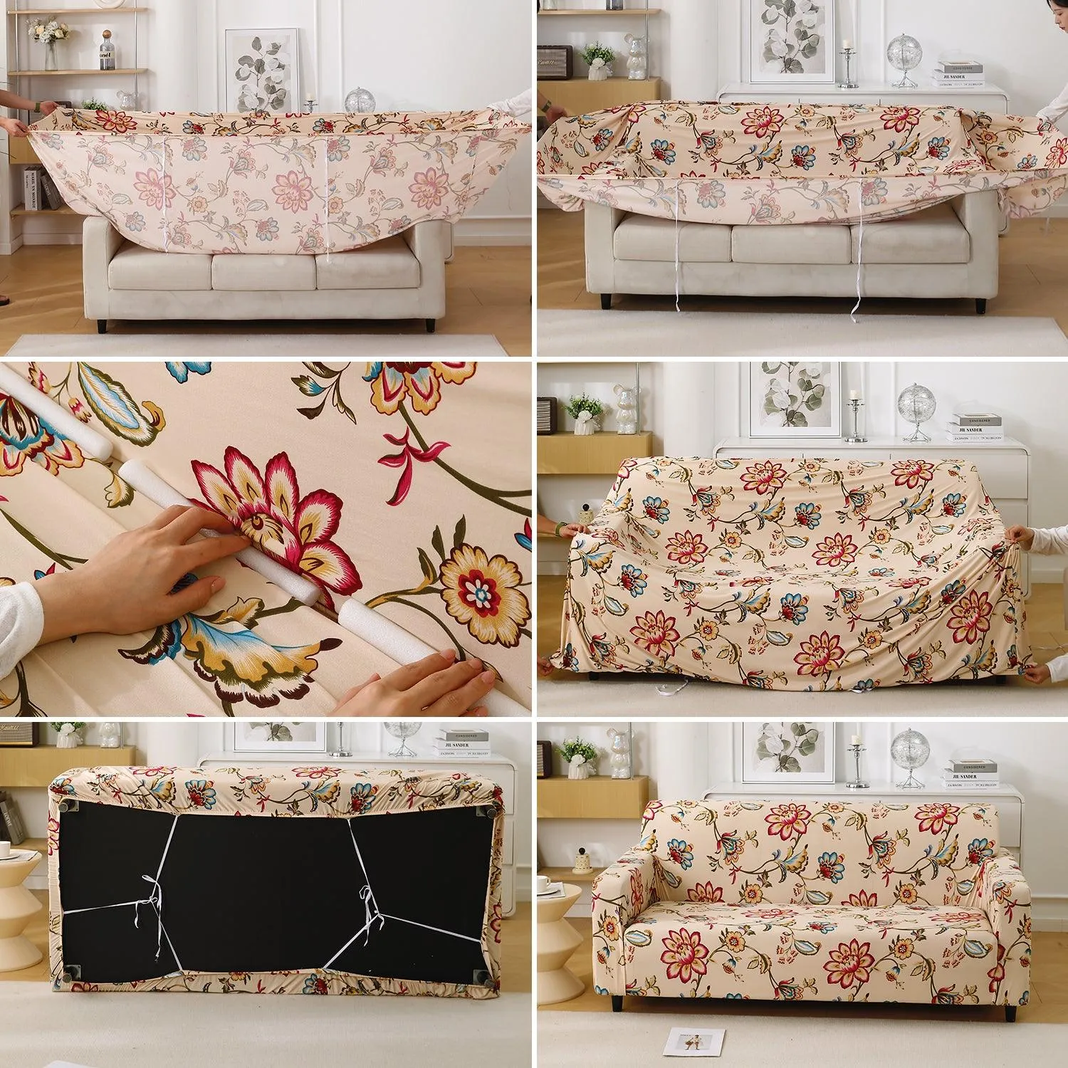 Beach Beige Dahlia Printed Elastic Sofa Cover | Stretchable & Full Fitted