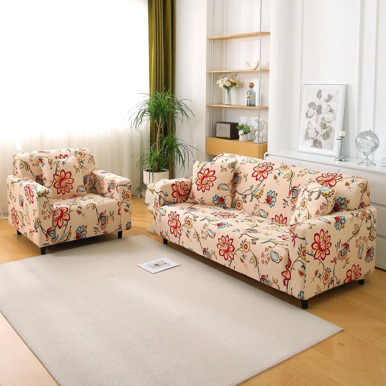 Beach Beige Dahlia Printed Elastic Sofa Cover | Stretchable & Full Fitted