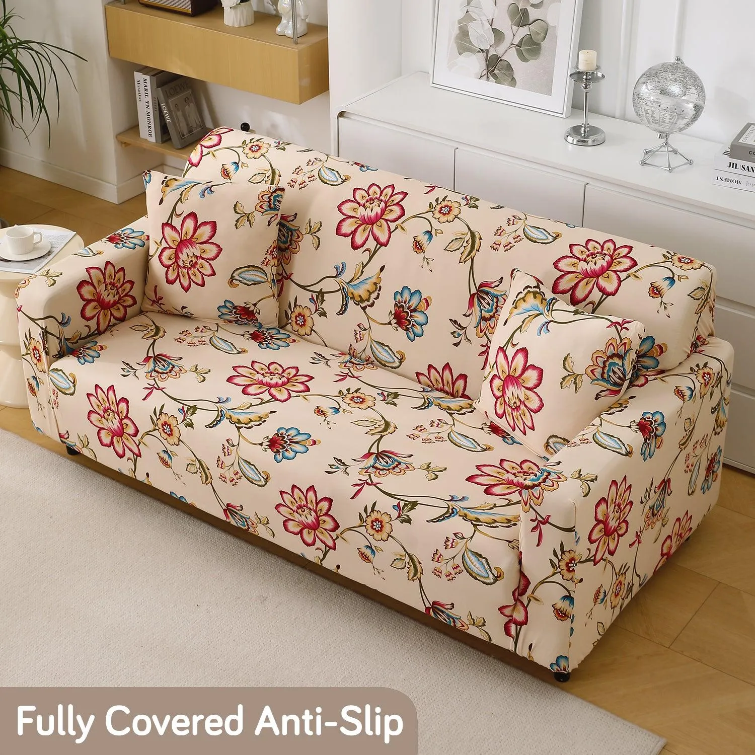 Beach Beige Dahlia Printed Elastic Sofa Cover | Stretchable & Full Fitted