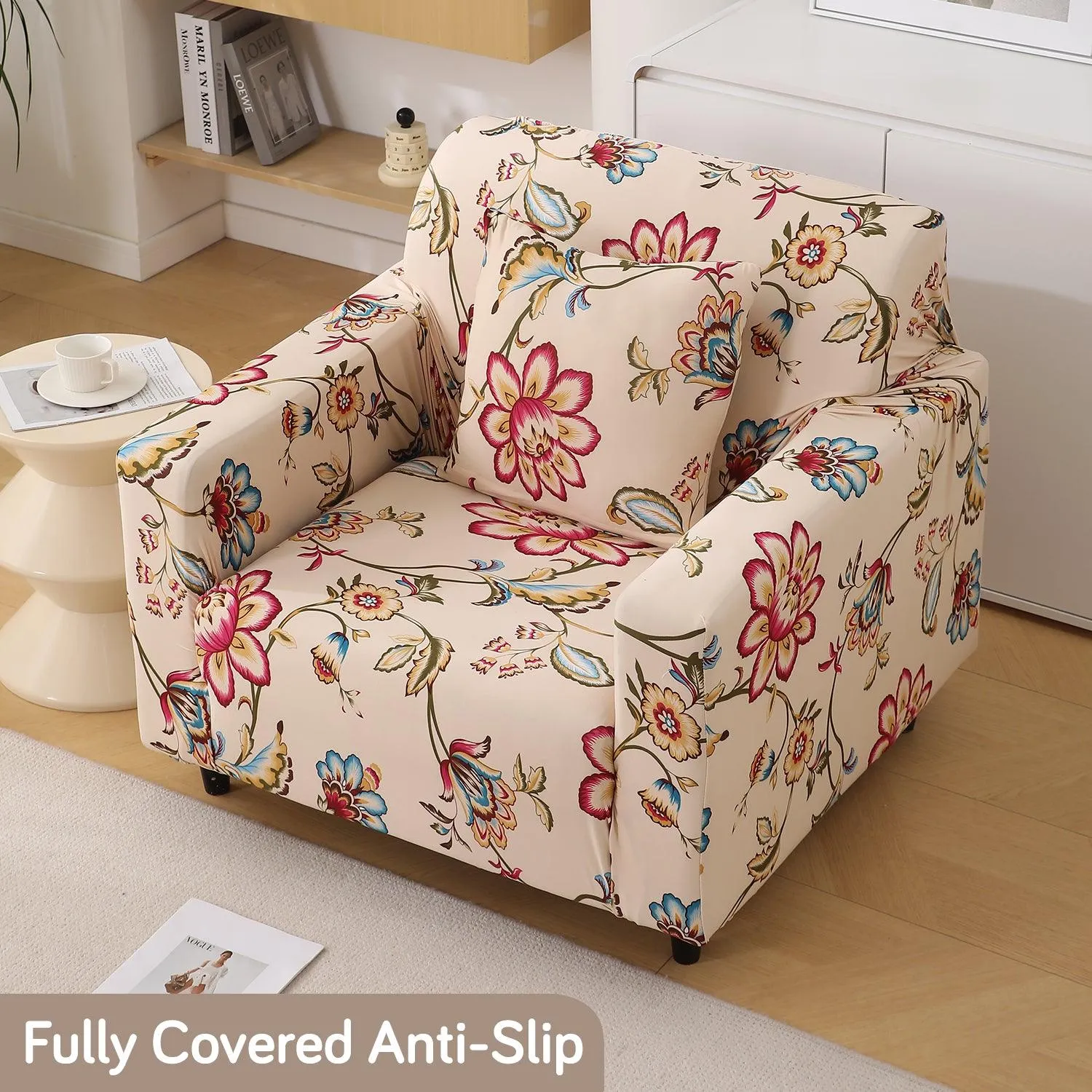 Beach Beige Dahlia Printed Elastic Sofa Cover | Stretchable & Full Fitted