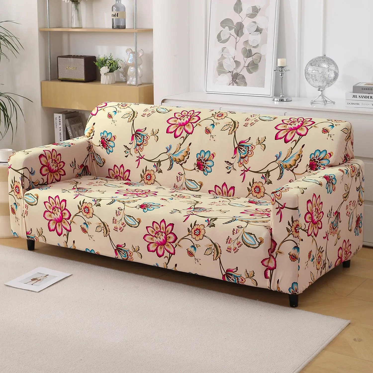 Beach Beige Dahlia Printed Elastic Sofa Cover | Stretchable & Full Fitted