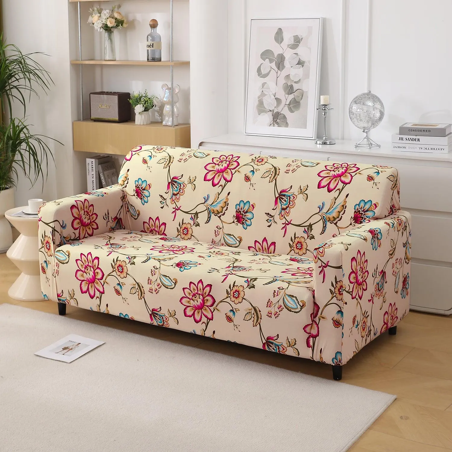 Beach Beige Dahlia Printed Elastic Sofa Cover | Stretchable & Full Fitted