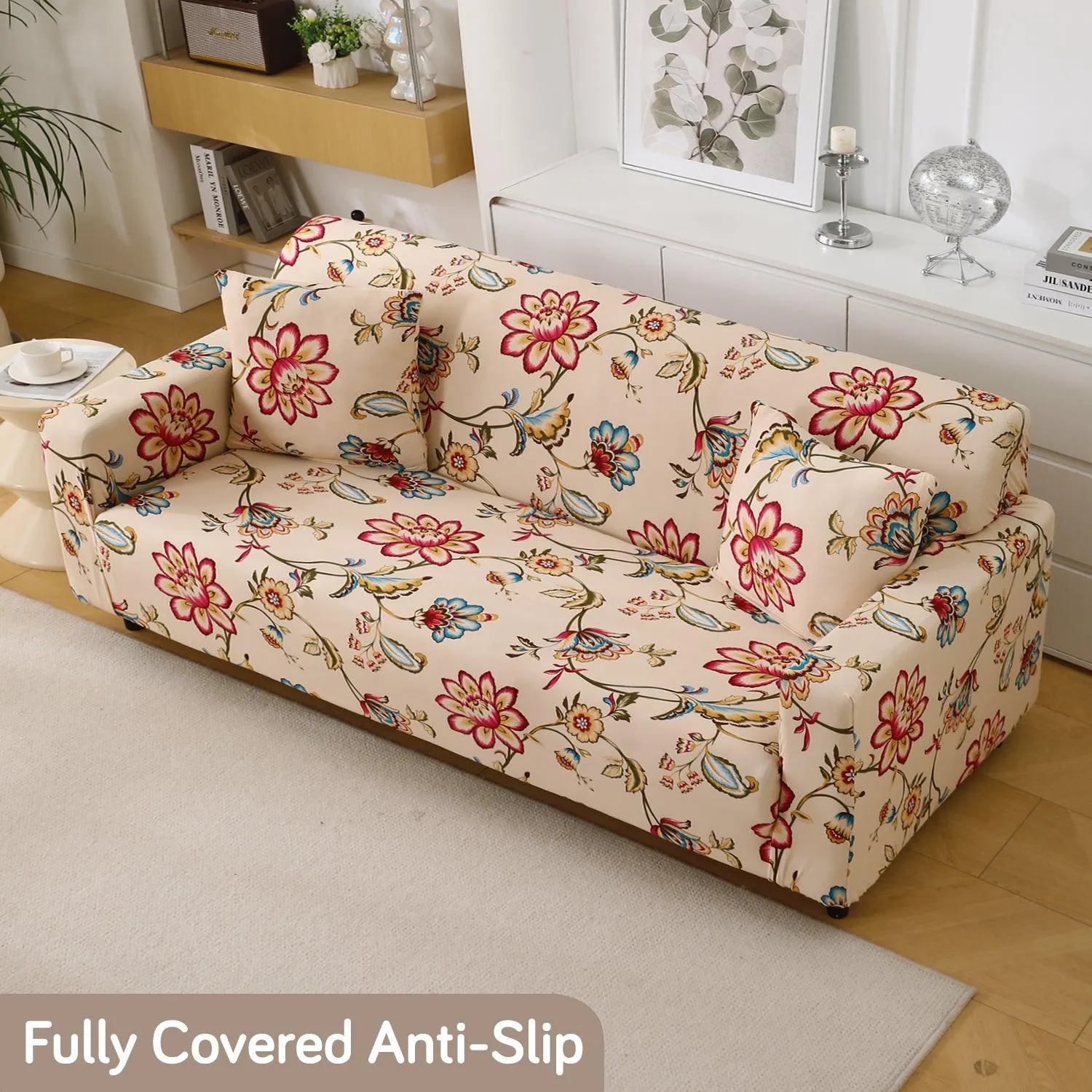 Beach Beige Dahlia Printed Elastic Sofa Cover | Stretchable & Full Fitted