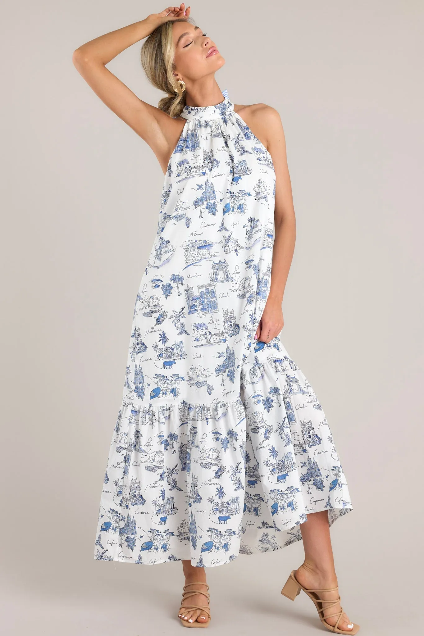 Beachside Party Blue & White Island Print Maxi Dress