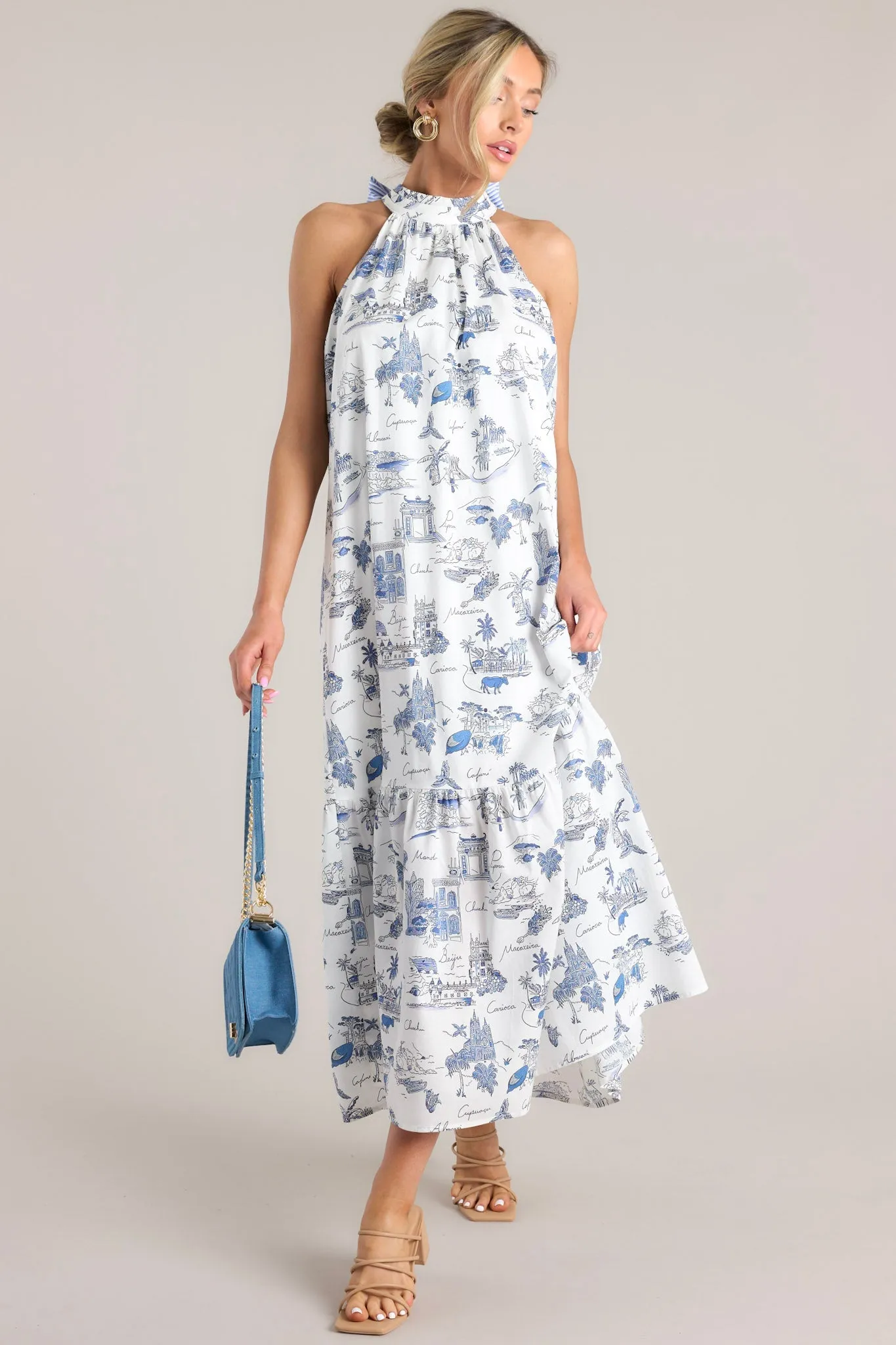 Beachside Party Blue & White Island Print Maxi Dress