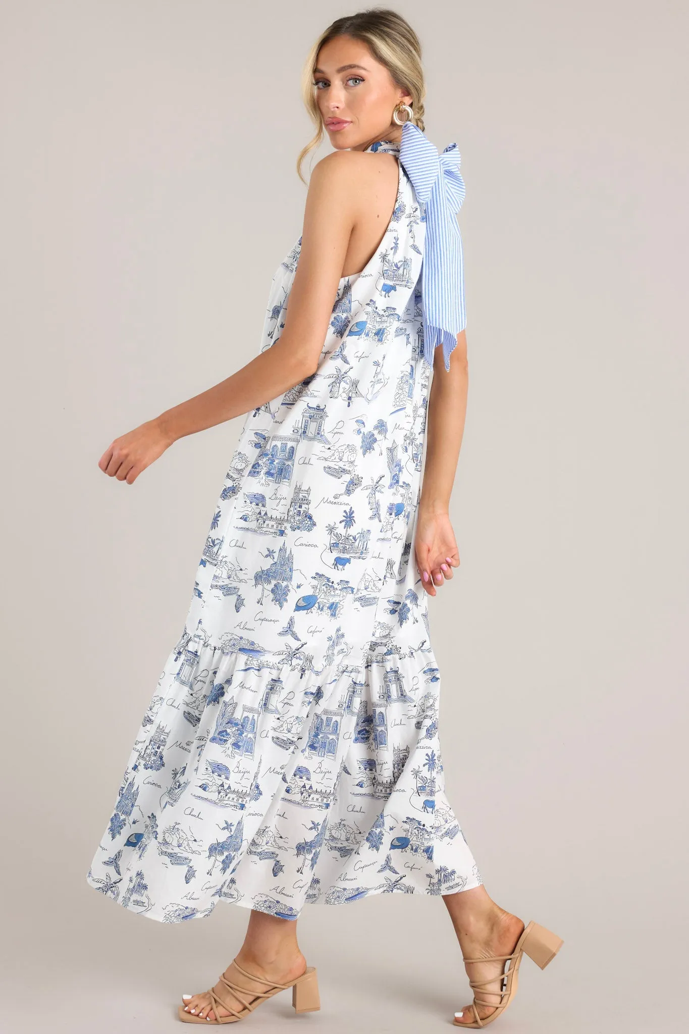 Beachside Party Blue & White Island Print Maxi Dress