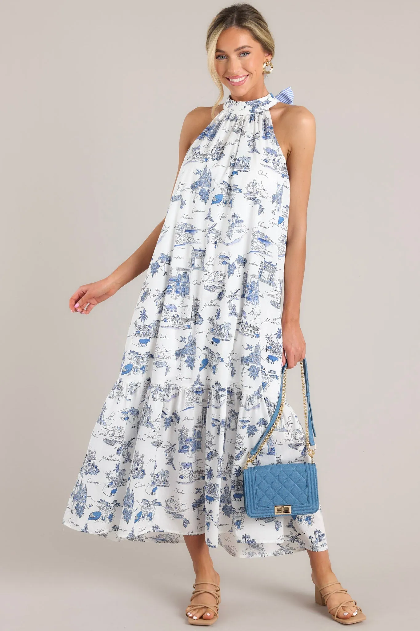 Beachside Party Blue & White Island Print Maxi Dress