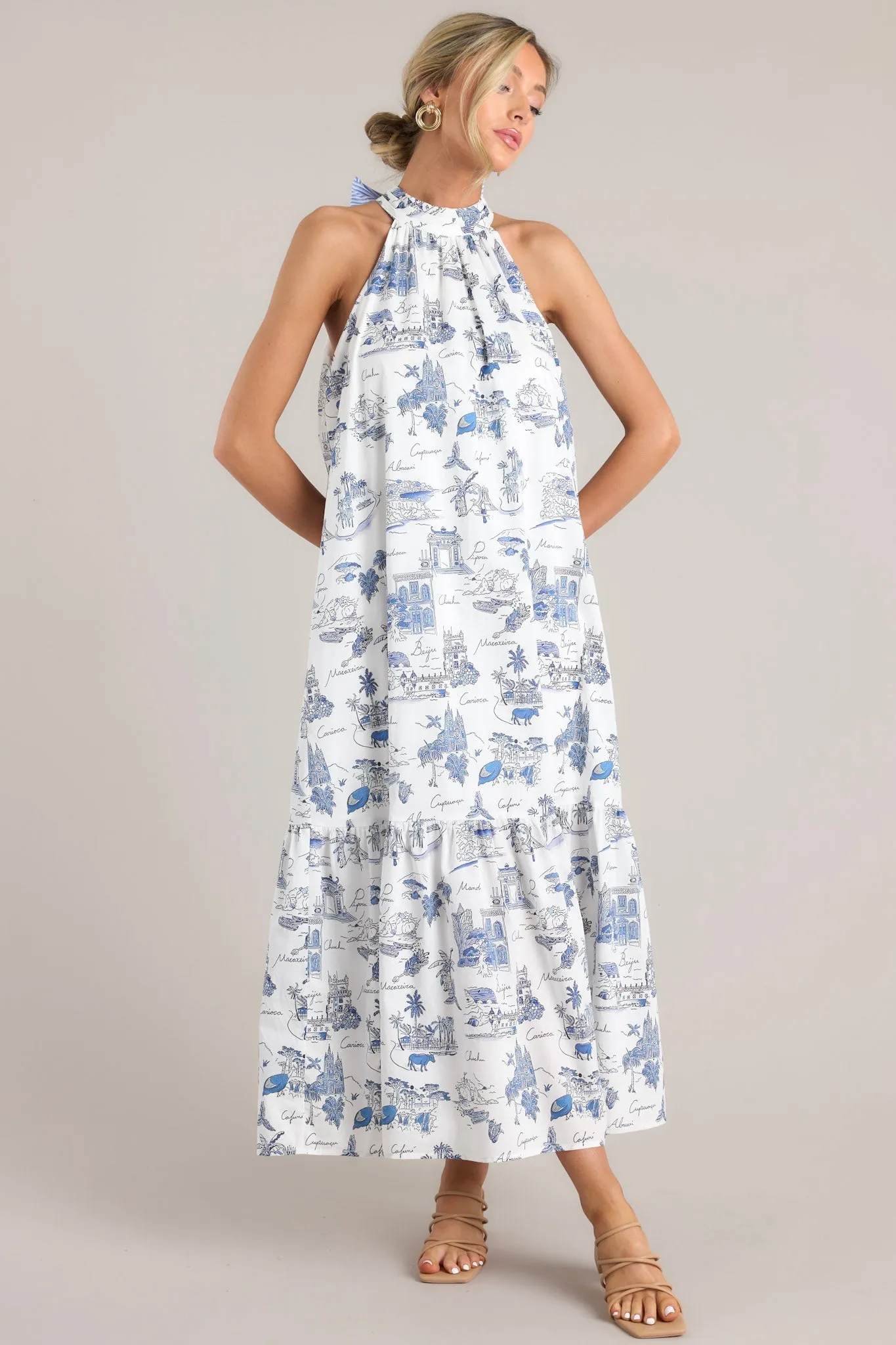 Beachside Party Blue & White Island Print Maxi Dress