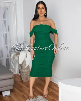 Becca Green Mesh Overlay Ruched Off-The Shoulder Dress