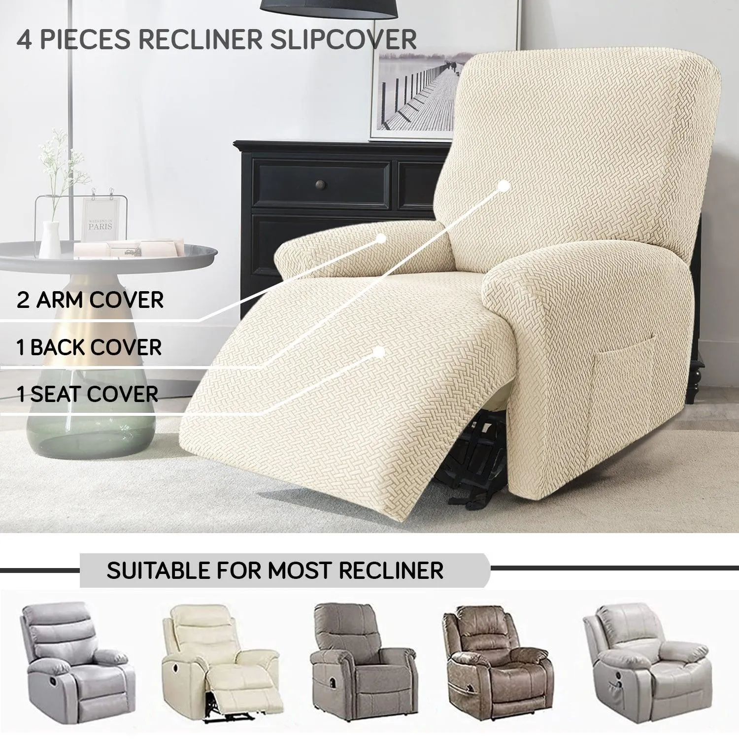 Beige Jacquard Recliner Sofa Cover | Non-Slip & Full Fitted