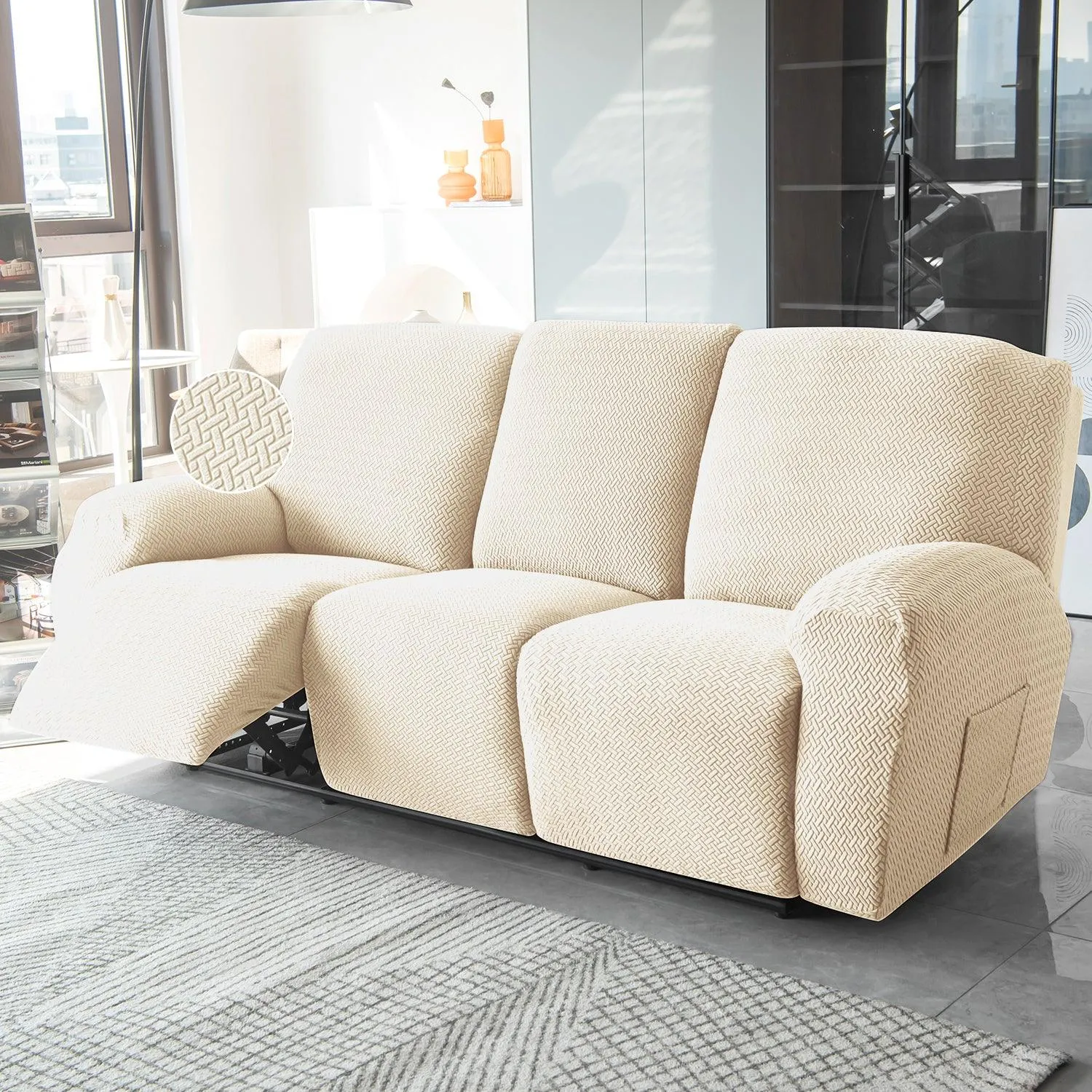 Beige Jacquard Recliner Sofa Cover | Non-Slip & Full Fitted