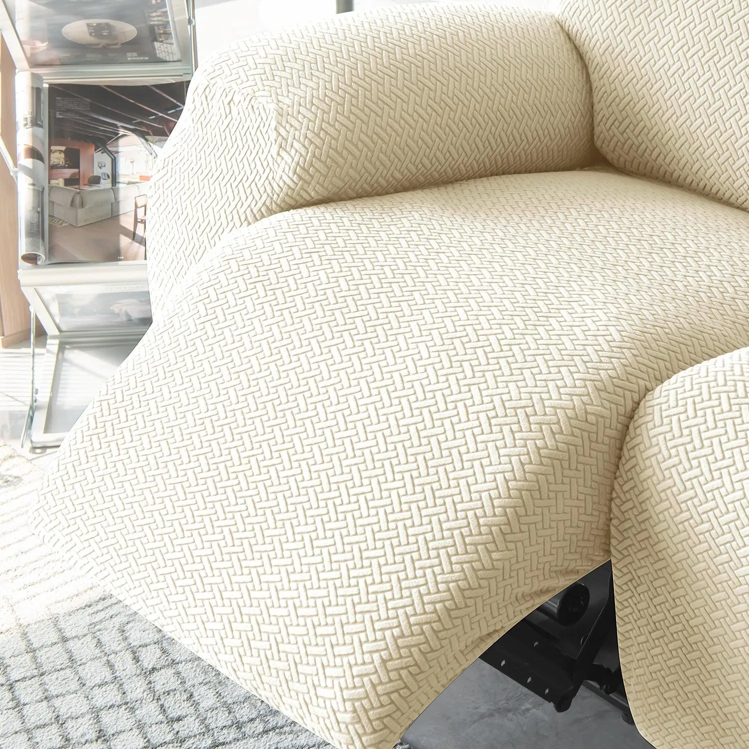 Beige Jacquard Recliner Sofa Cover | Non-Slip & Full Fitted