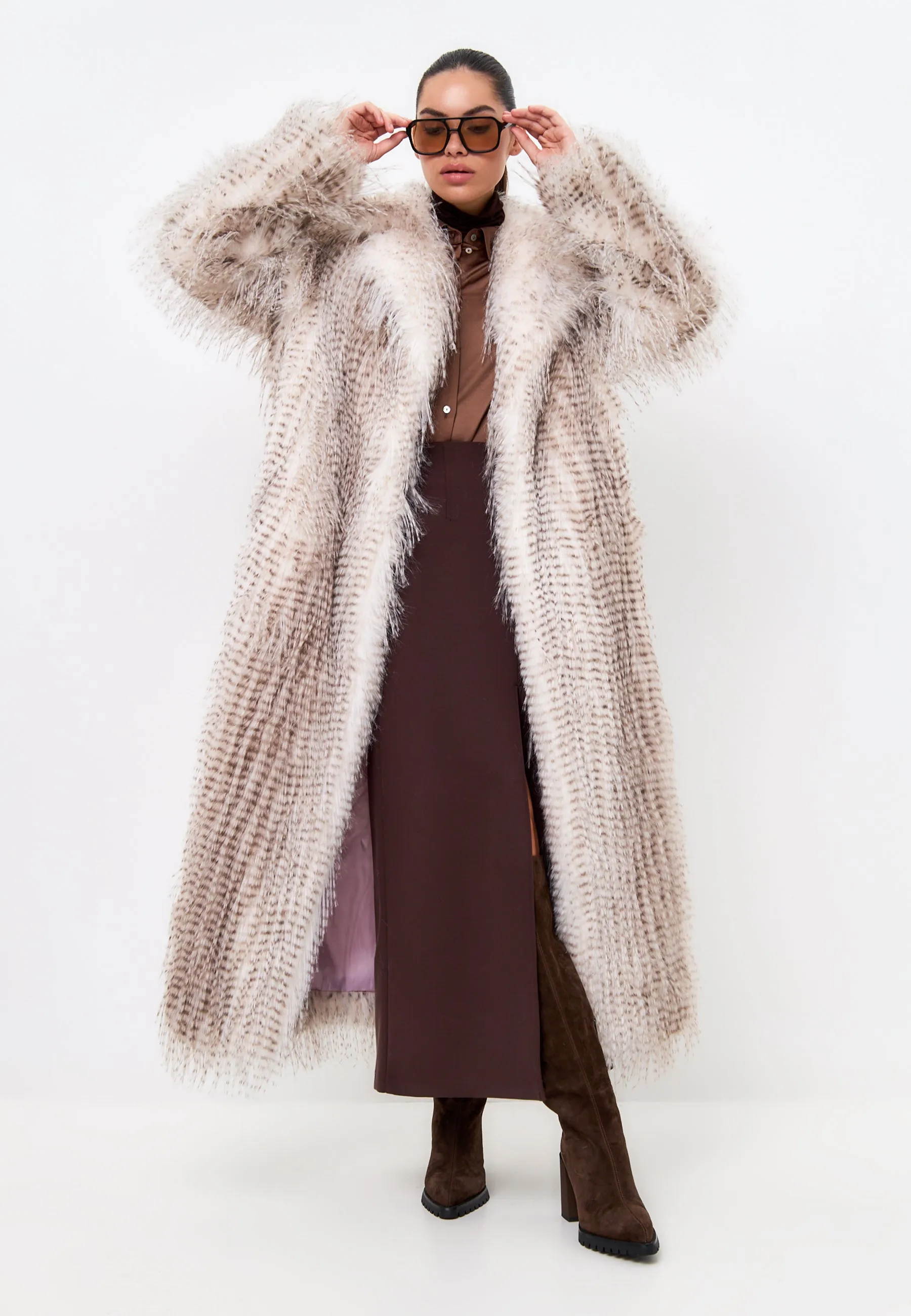 Belted Long Faux Fur Coat