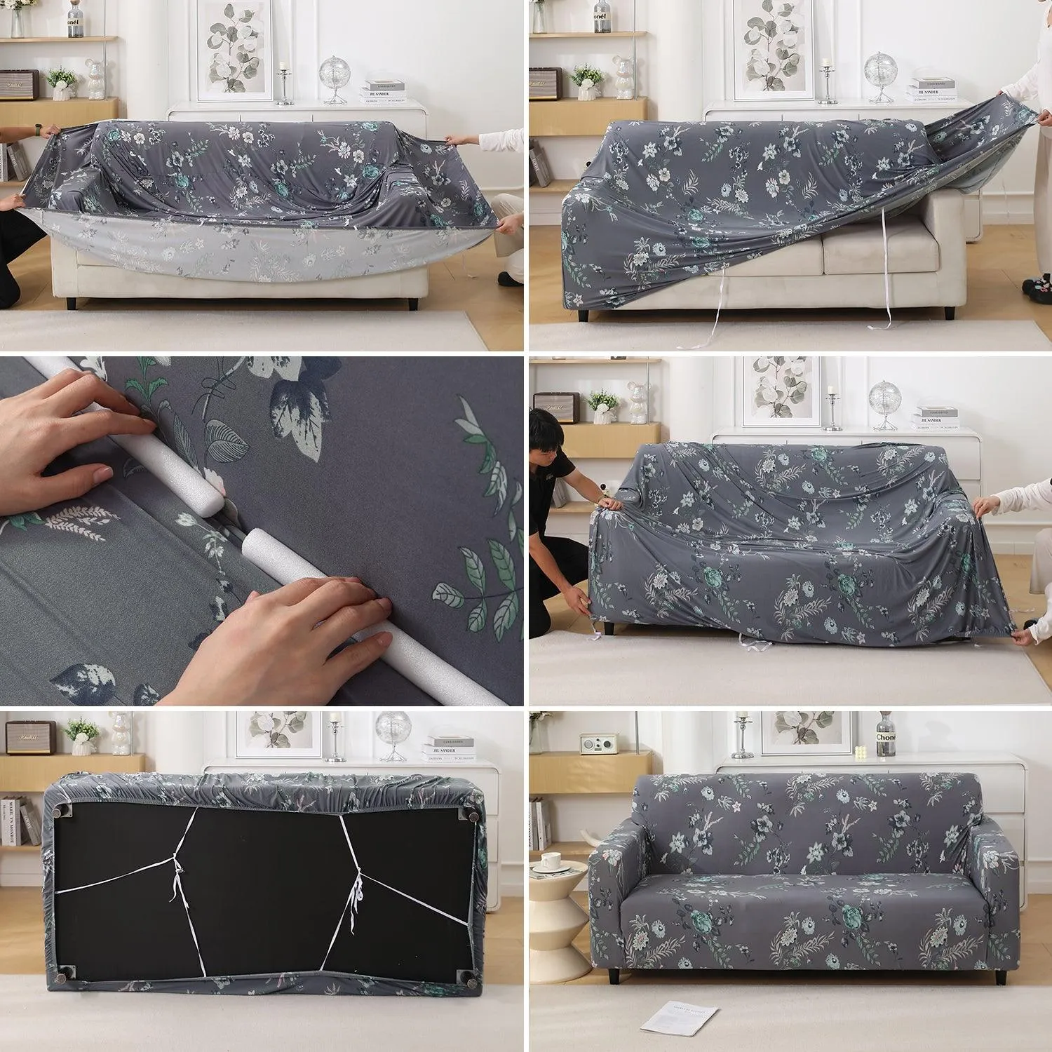 Bentonite Grey Budding Florals Printed Elastic Sofa Cover