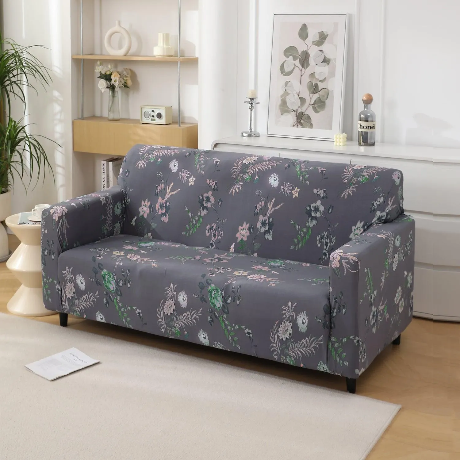 Bentonite Grey Budding Florals Printed Elastic Sofa Cover