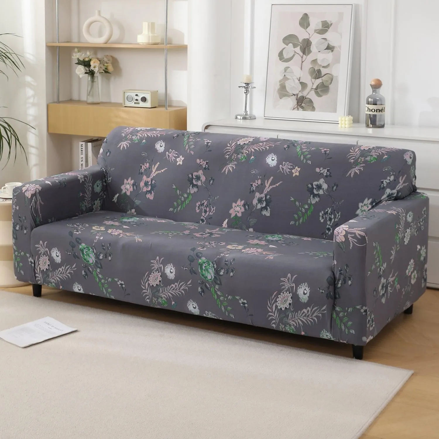 Bentonite Grey Budding Florals Printed Elastic Sofa Cover